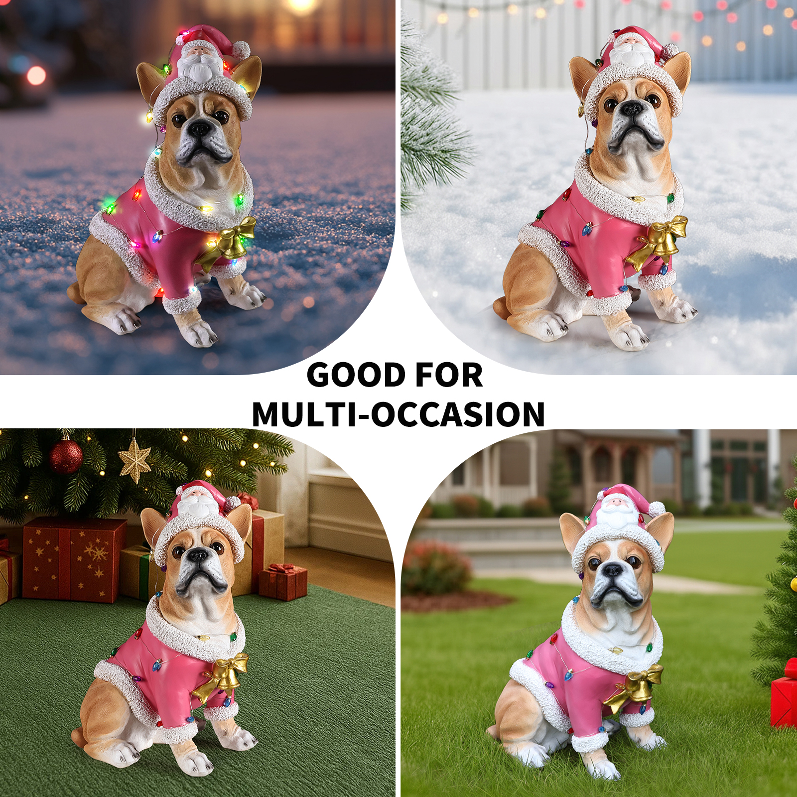 Christmas French Bulldog Statue,Holiday Dog Figurine in Pink Santa Outfit