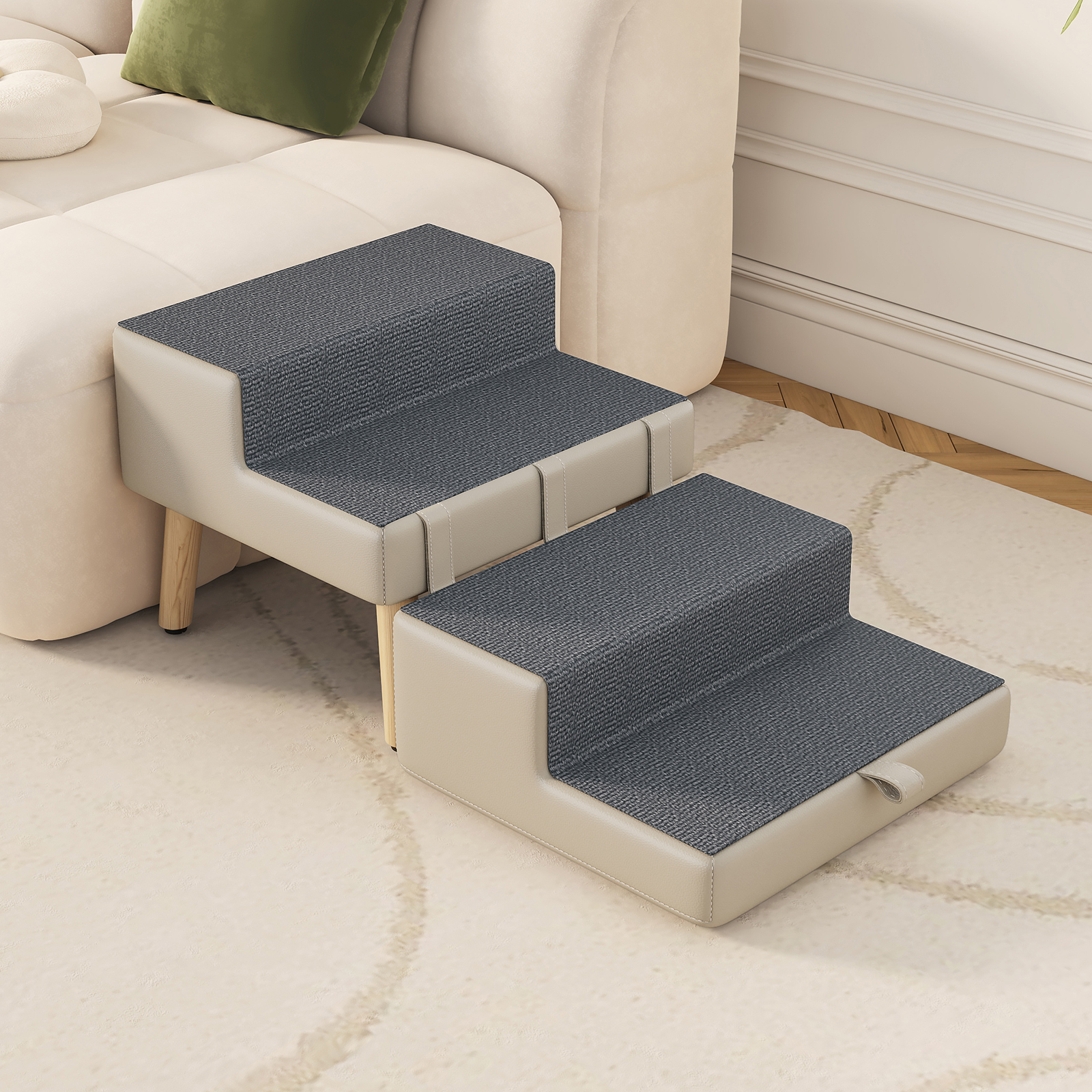4-Step Ottoman Dog Stairs, 2-in-1 Foldable Pet Ramp for Bed,  Dog Ramp for Small Puppy and Cats, Sturdy Wood Frame Support with Non-slip walking surface, Holds Up To 220lbs ( Light Grey Color ) image 15