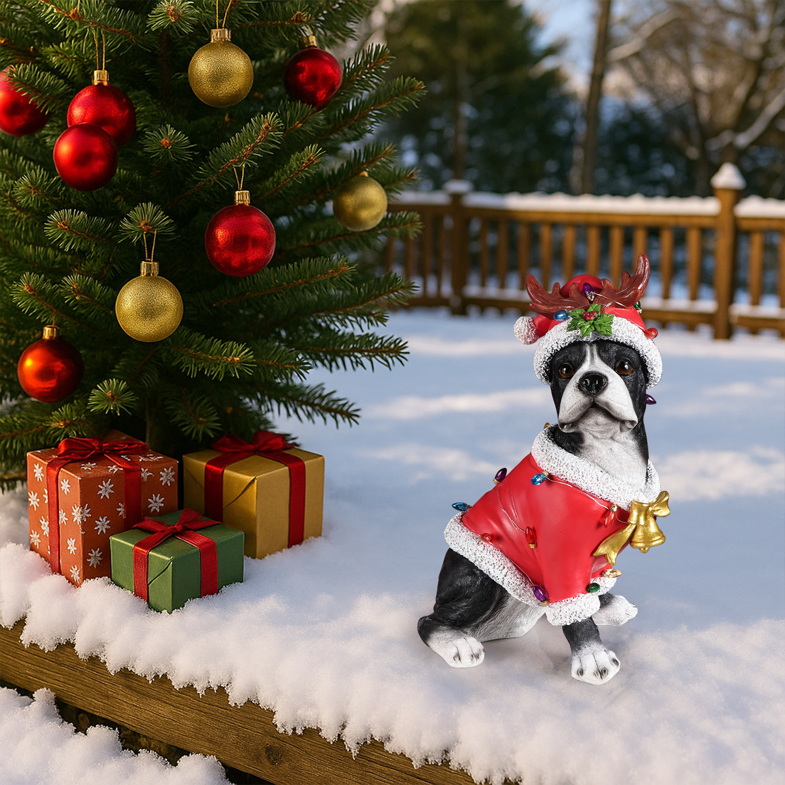 Christmas Boston Terrier Statue, Holiday Dog Figurine in Santa Outfit image 3
