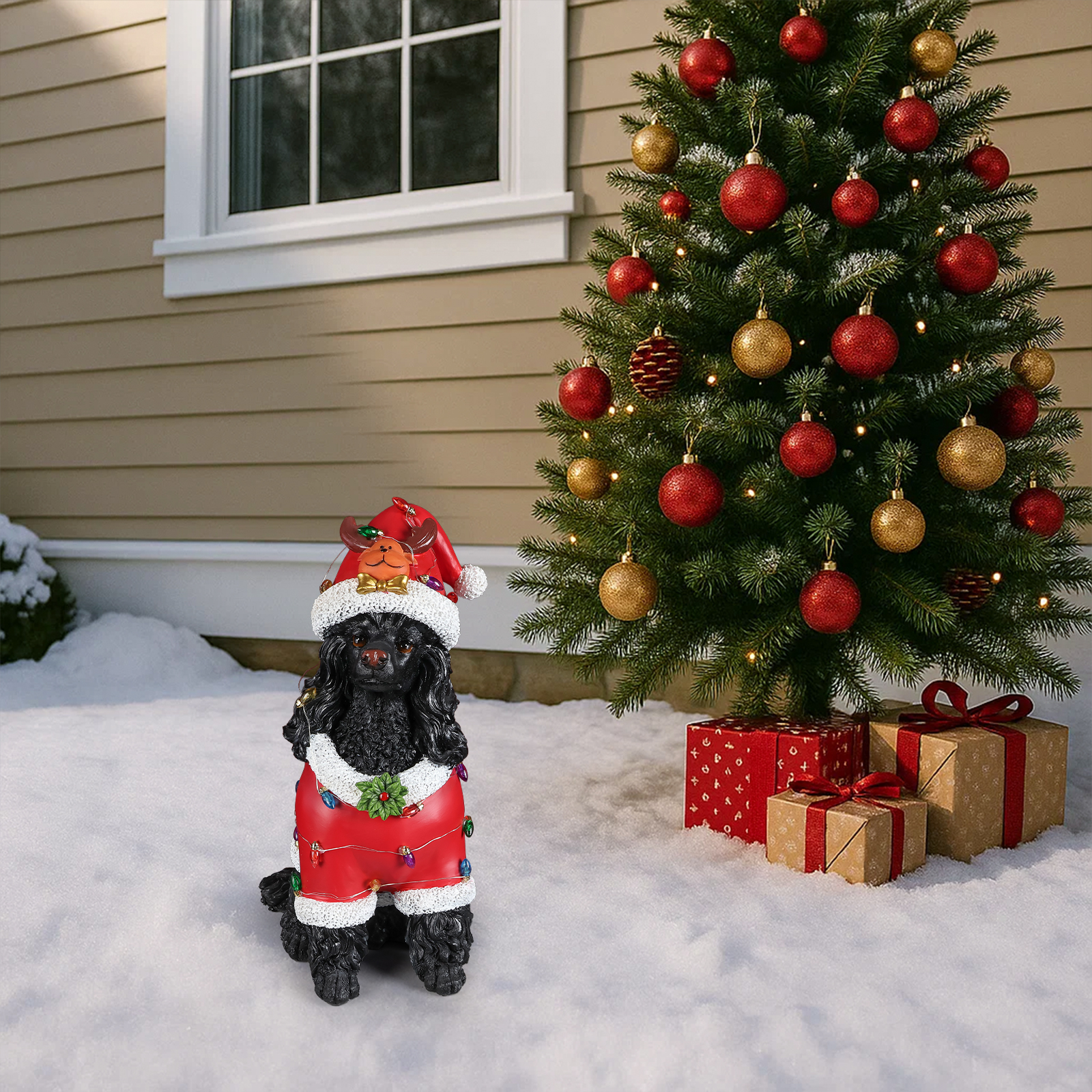 Christmas Black Poodle Statue, Holiday Dog Figurine in Red Santa Outfit image 8