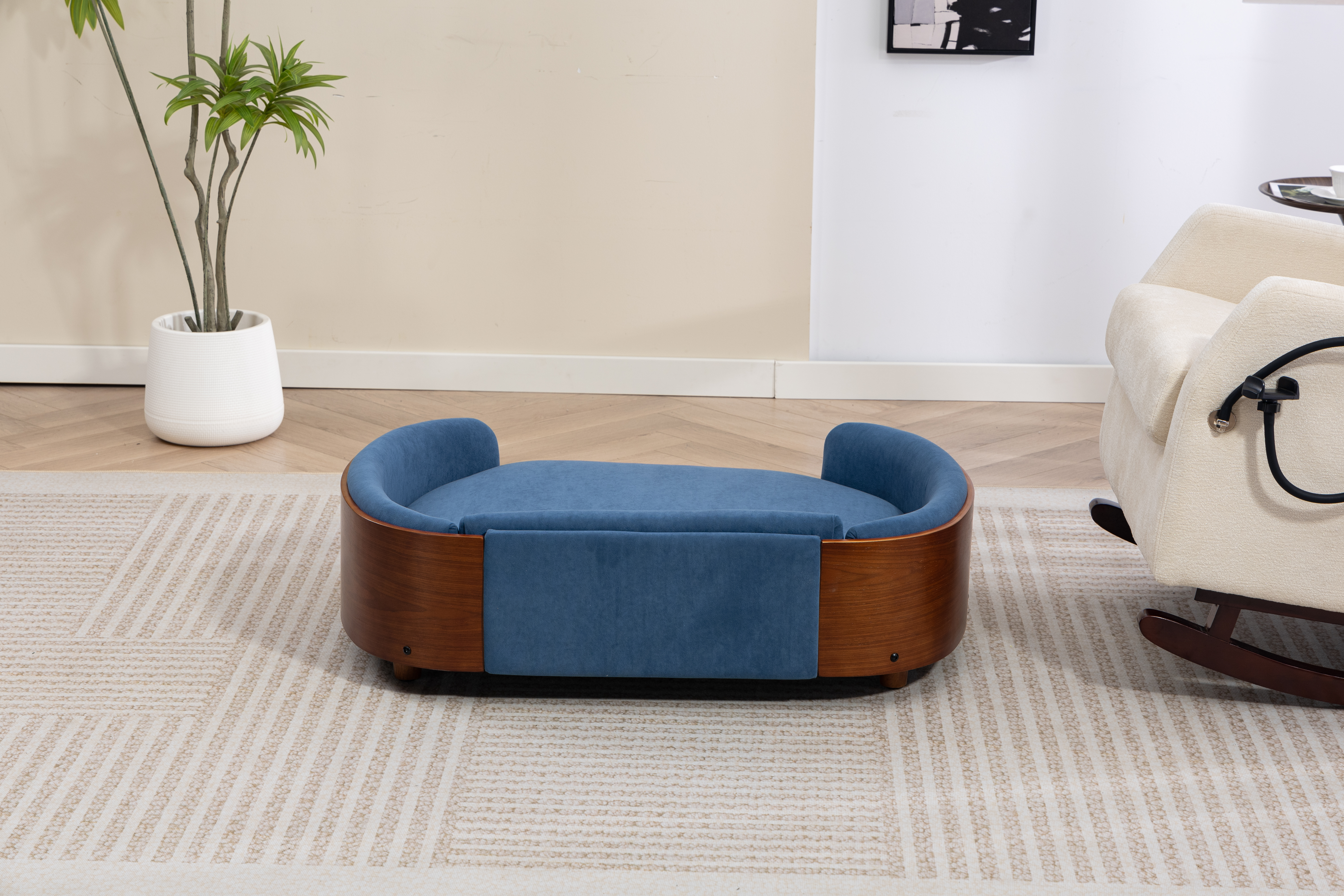 Scandinavian style Elevated Dog Bed Pet Sofa With Solid Wood legs and Walnut Bent Wood Back, Velvet Cushion,Large Size image 14