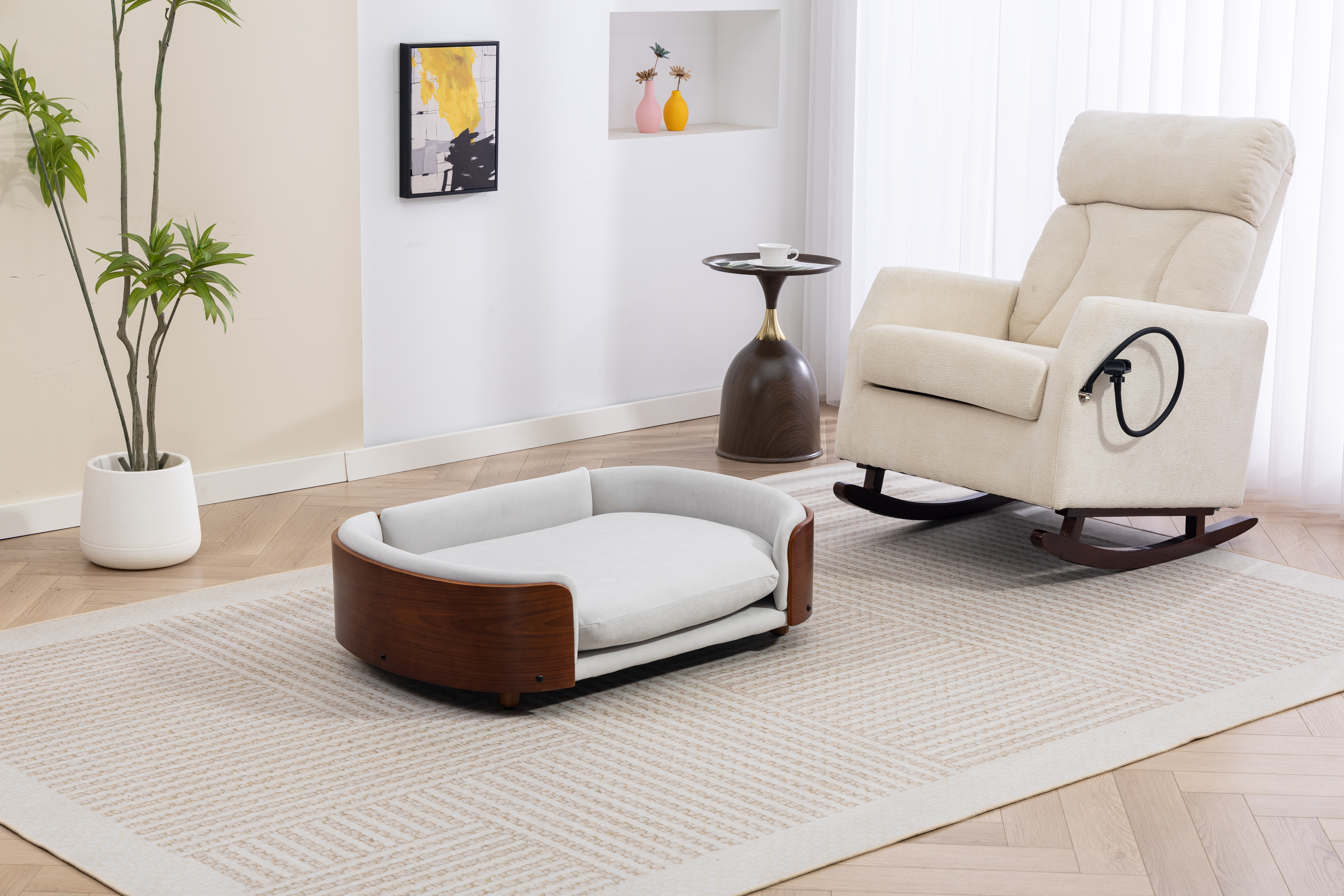 Scandinavian style Elevated Dog Bed Pet Sofa With Solid Wood legs and Walnut Bent Wood Back, Velvet Light Gray,Large Size image 2
