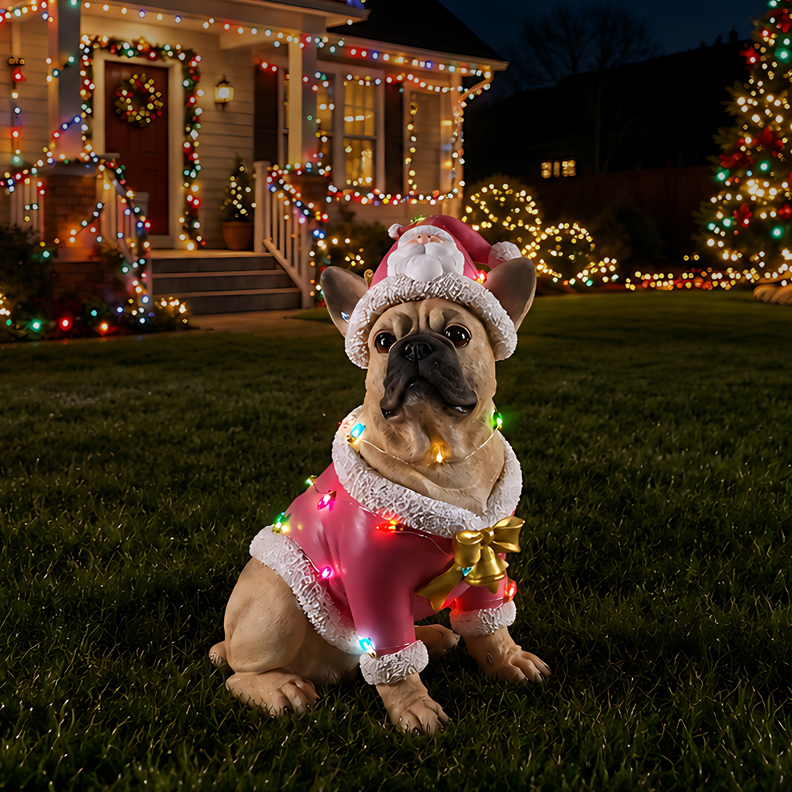 Christmas French Bulldog Statue,  Holiday Dog Figurine in Pink Santa Outfit, Festive Christmas Home Décor image 26