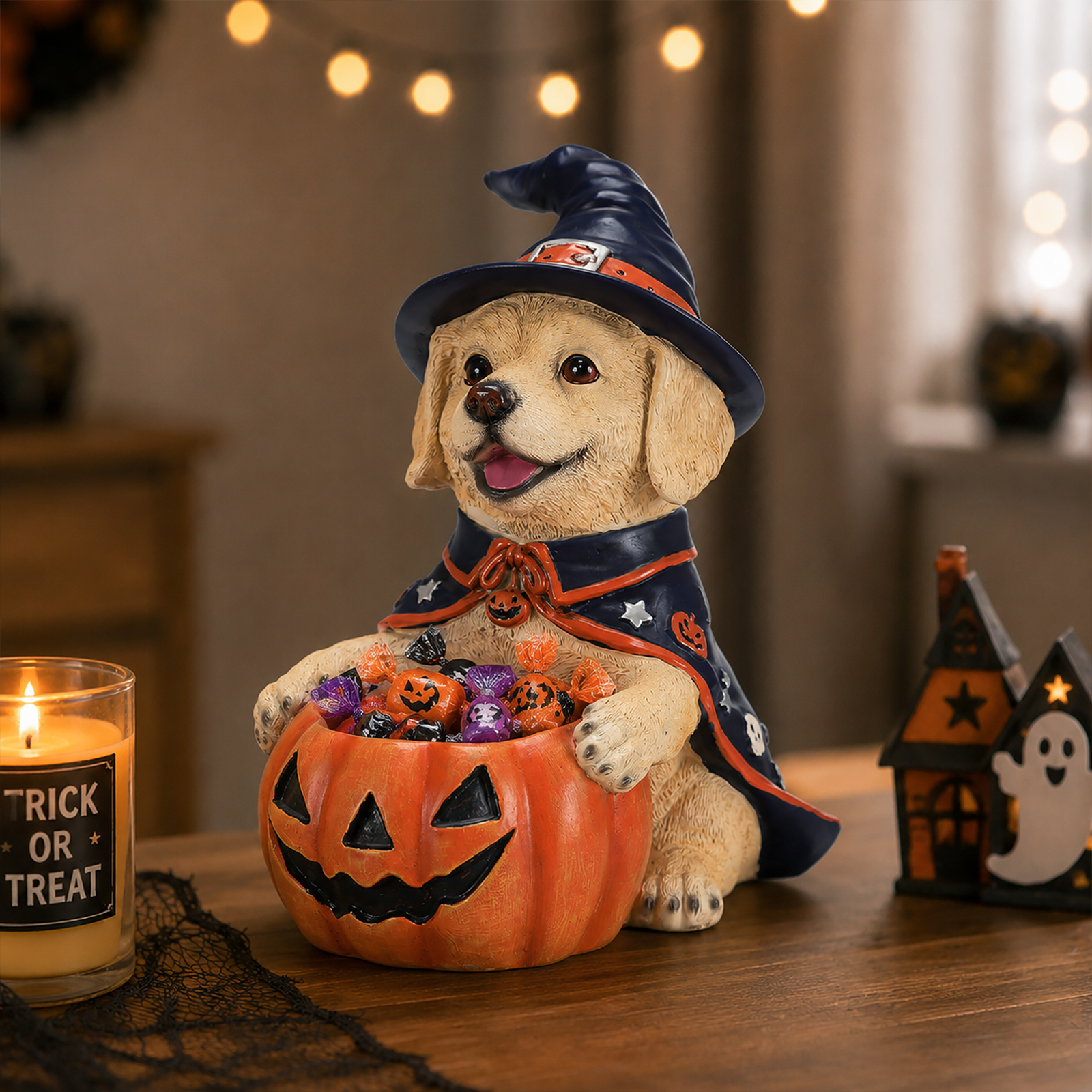 Halloween Labrador Retriever Witch Puppy Figurine, Cute Dog Holding Pumpkin Candy Bowl Decoration