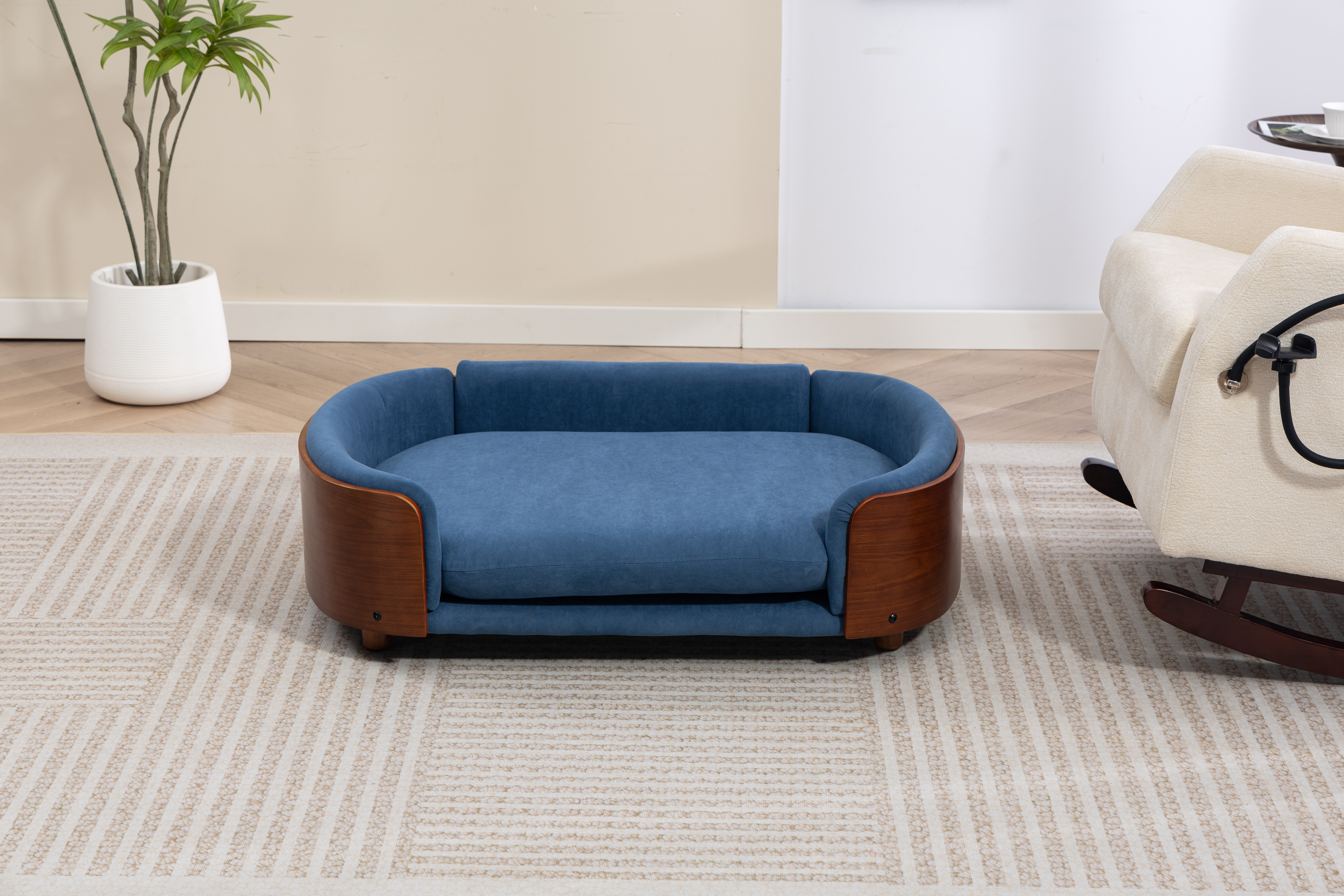 Scandinavian style Elevated Dog Bed Pet Sofa With Solid Wood legs and Walnut Bent Wood Back, Velvet Cushion,Large Size image 8