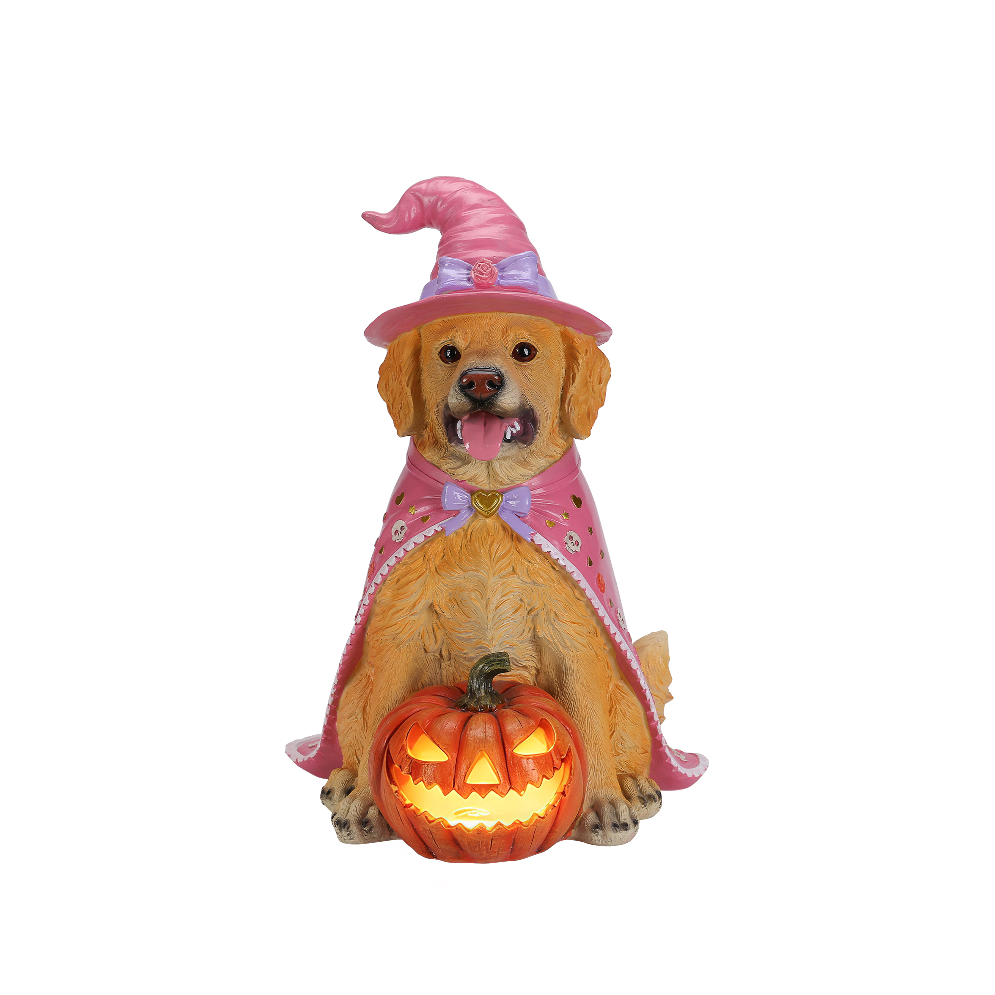 Halloween Golden Retriever Dog Statue, Large Sitting Dog Figurine with Pink Witch Hat & Cape, LED Light Up Jack-O-Lantern Pumpkin image 16