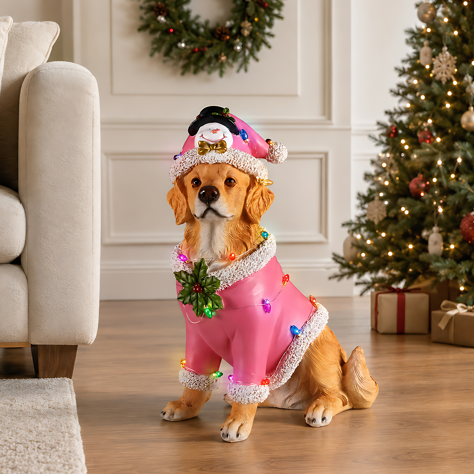 Christmas Golden Retriever Statue, Holiday Dog Figurine in Pink Santa Outfit image 22