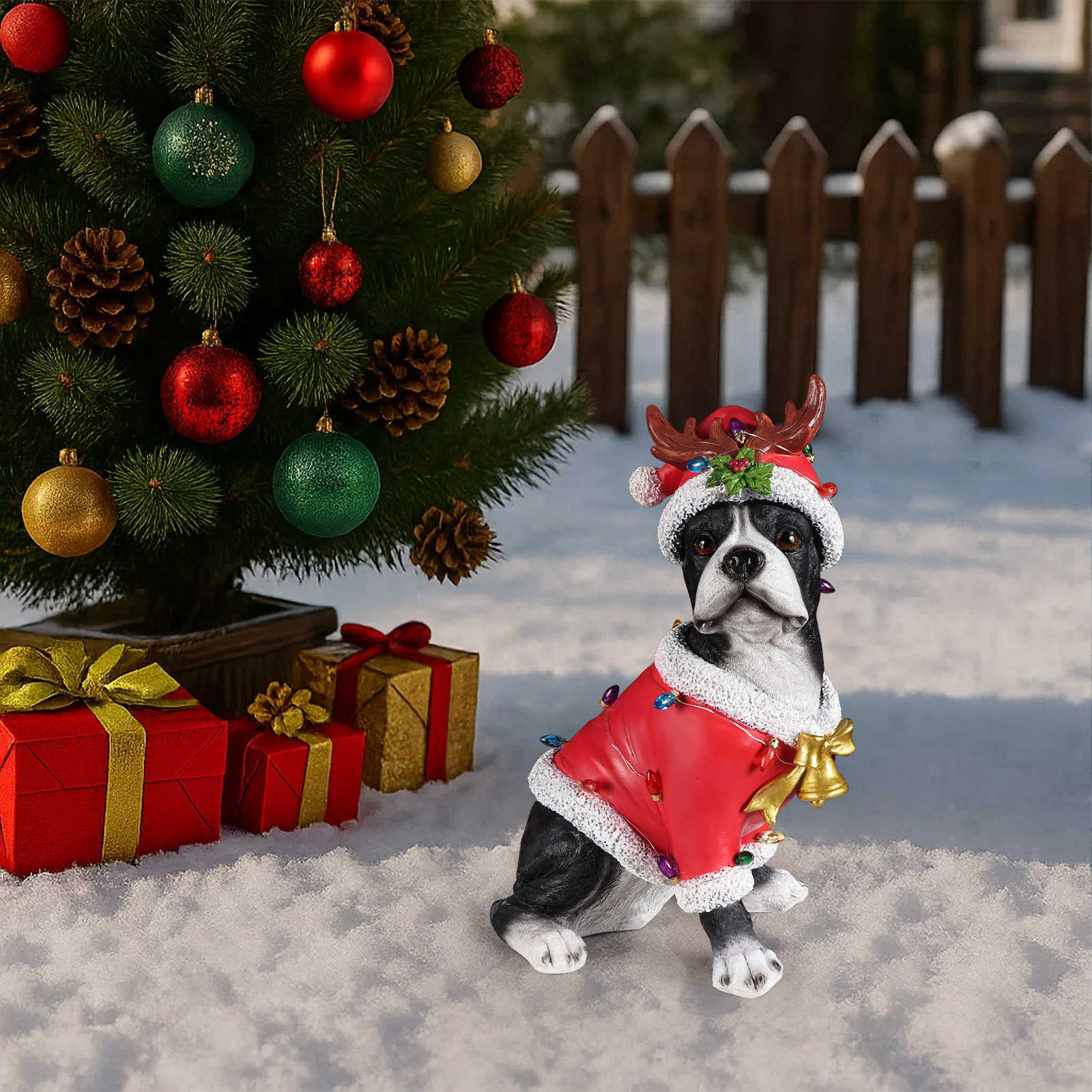 Christmas Boston Terrier Statue, Holiday Dog Figurine in Santa Outfit image 10