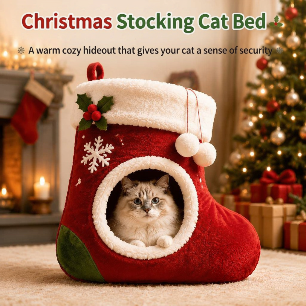 Christmas Stocking Cat Bed, Hanging Plush Cat Cave Bed With Pompoms, Non-Slip Covered Pet House For Indoor Cats And Kittens, Warm Winter Pet Bed, Holiday Xmas Decor, 19.7 X 13.8 X 9.8 Inch, Red image 3