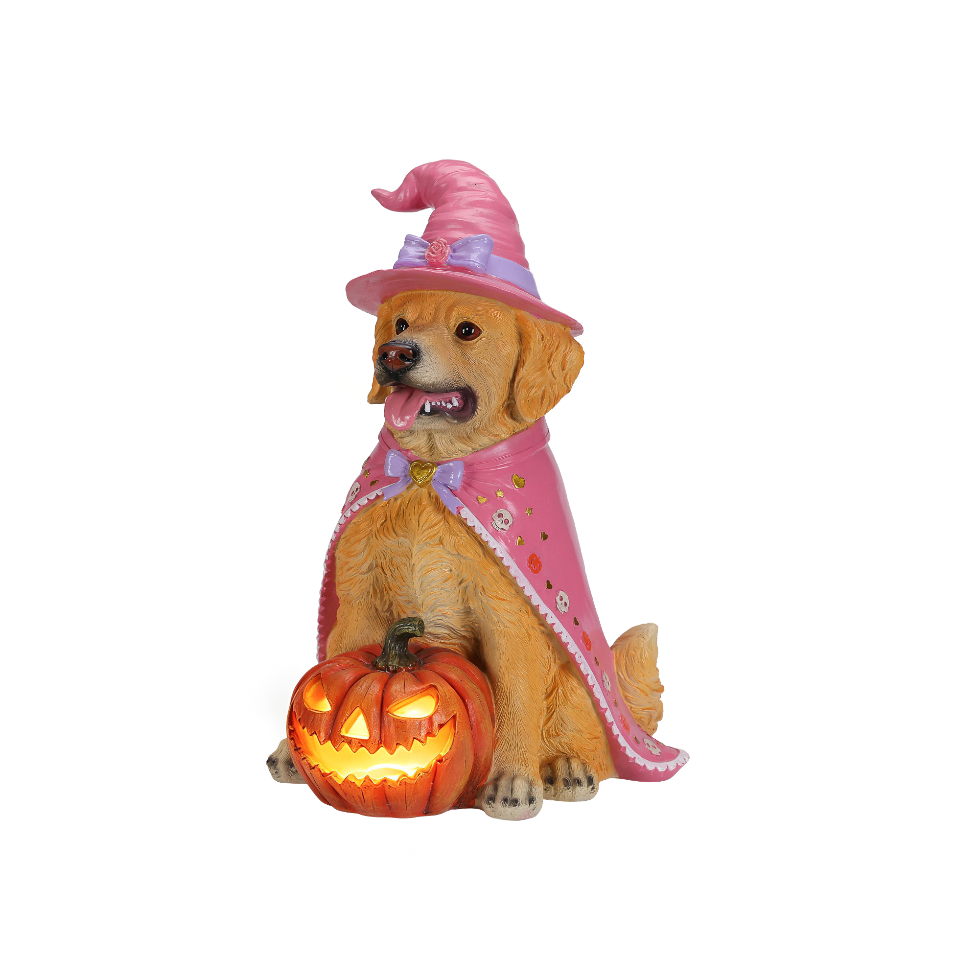 Halloween Golden Retriever Dog Statue, Large Sitting Dog Figurine with Pink Witch Hat & Cape, LED Light Up Jack-O-Lantern Pumpkin image 9