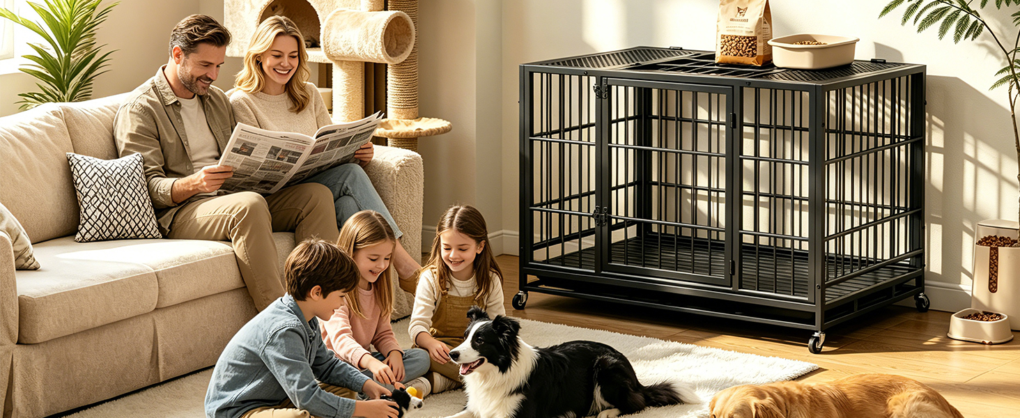 Heavy Duty Dog Crate , Mobile Pet Kennel with Lockable Wheels & Rotary Twist-Latch, Indoor Outdoor Metal Cage with Perforated Top image 4