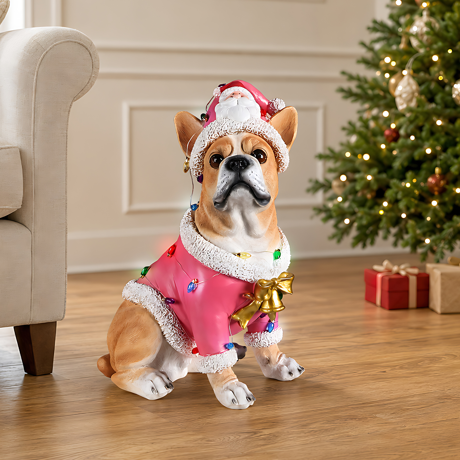 Christmas French Bulldog Statue,Holiday Dog Figurine in Pink Santa Outfit image 24