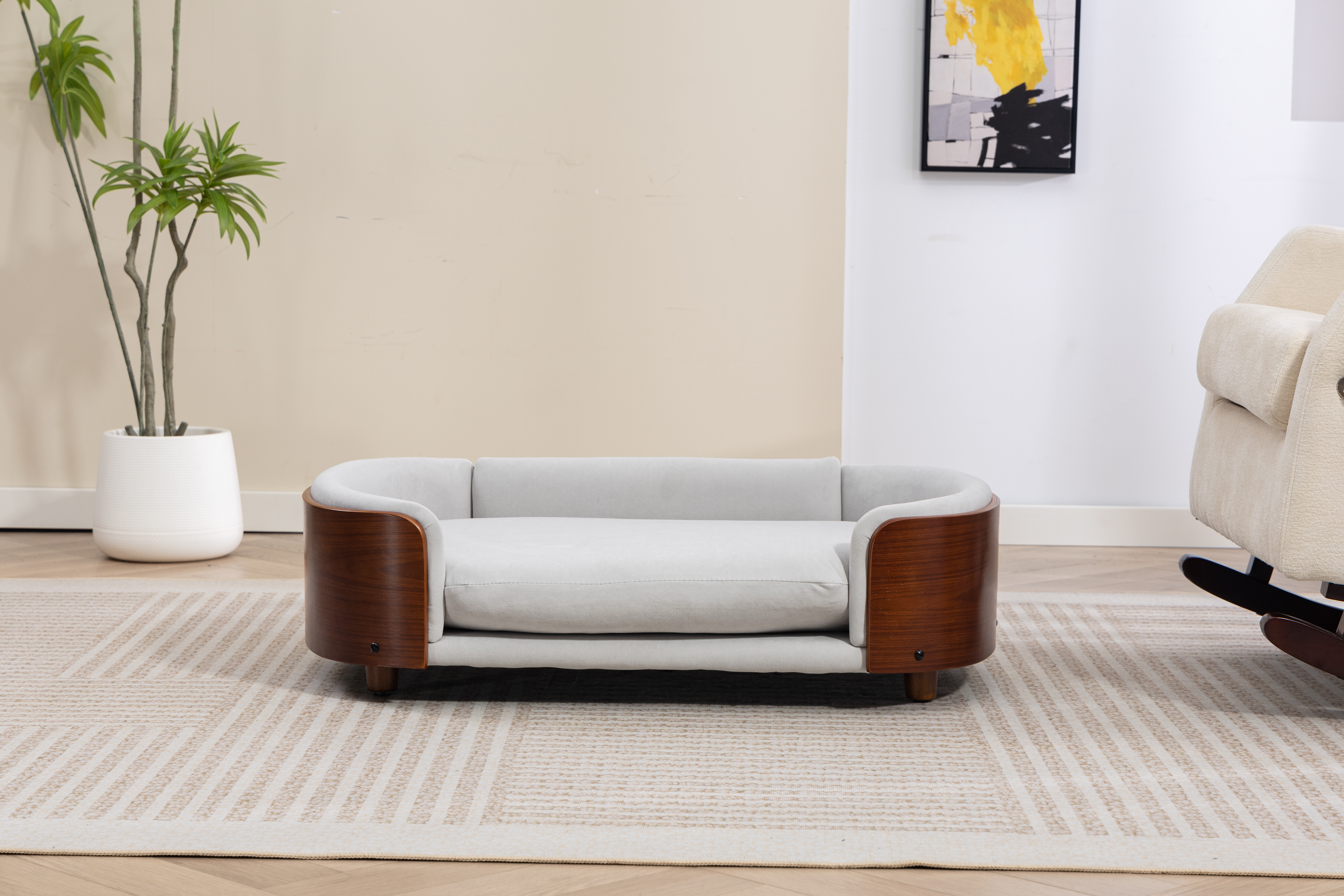 Scandinavian style Elevated Dog Bed Pet Sofa With Solid Wood legs and Walnut Bent Wood Back, Velvet Light Gray,Large Size image 14