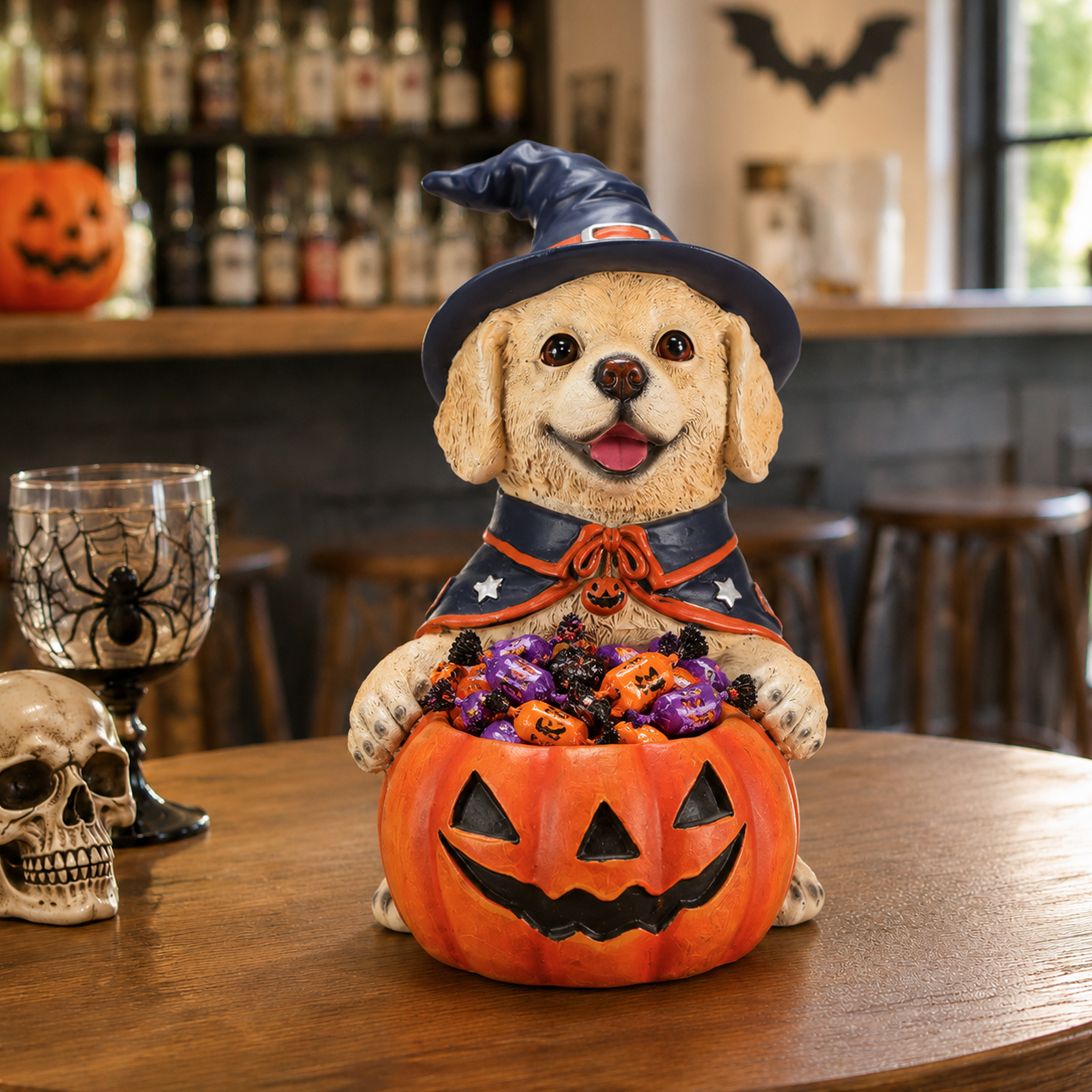 Halloween Labrador Retriever Witch Puppy Figurine, Cute Dog Holding Pumpkin Candy Bowl Decoration image 10