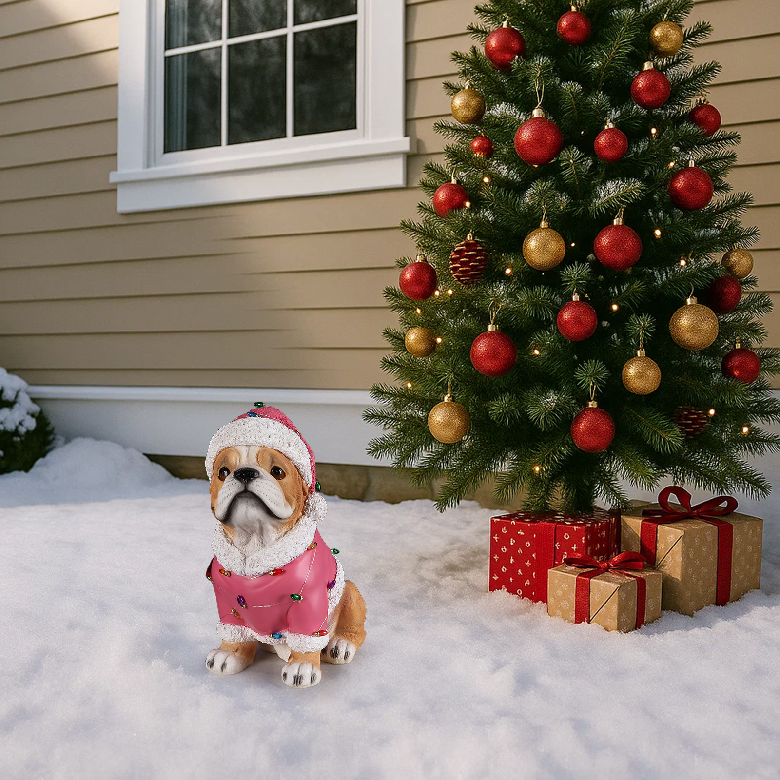 Christmas Pug Statue, Holiday Dog Figurine in Pink Santa Outfit image 9