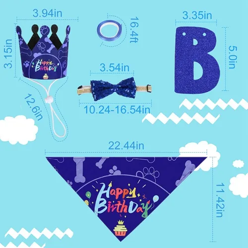 Dog Birthday Party Supplies, Boy Dog Birthday Bandana Set with Cute Dog Bowtie, Scarf, Birthday Banner  Balloons and Hat with Numbers for Medium and Extra Large Dogs Pets(Blue) image 8