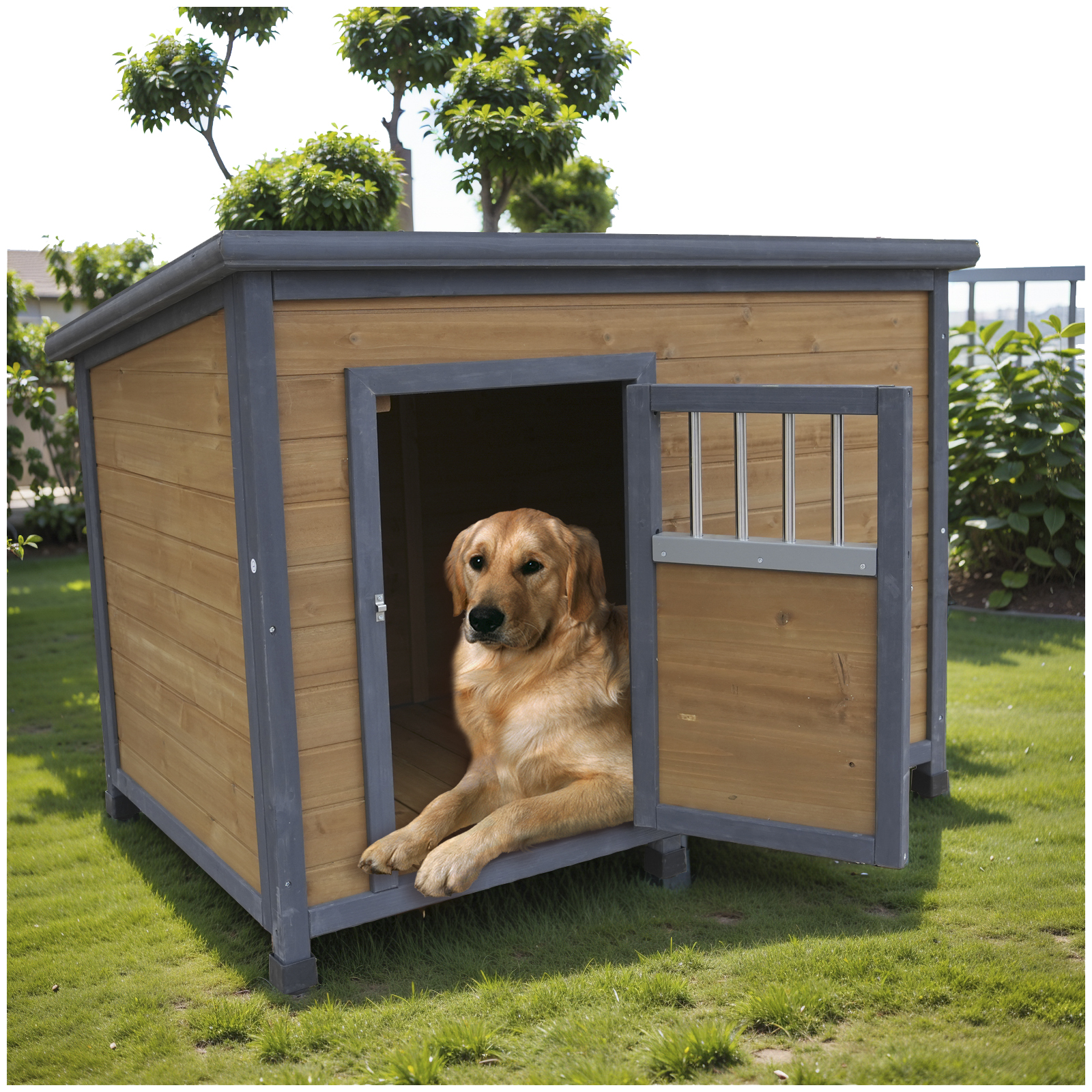 45"large solid wood dog house, waterproof PVC plastic roof, breathable wooden doors image 4
