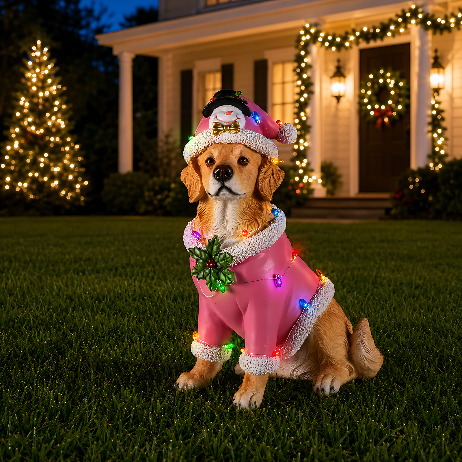 Christmas Golden Retriever Statue, Holiday Dog Figurine in Pink Santa Outfit image 24