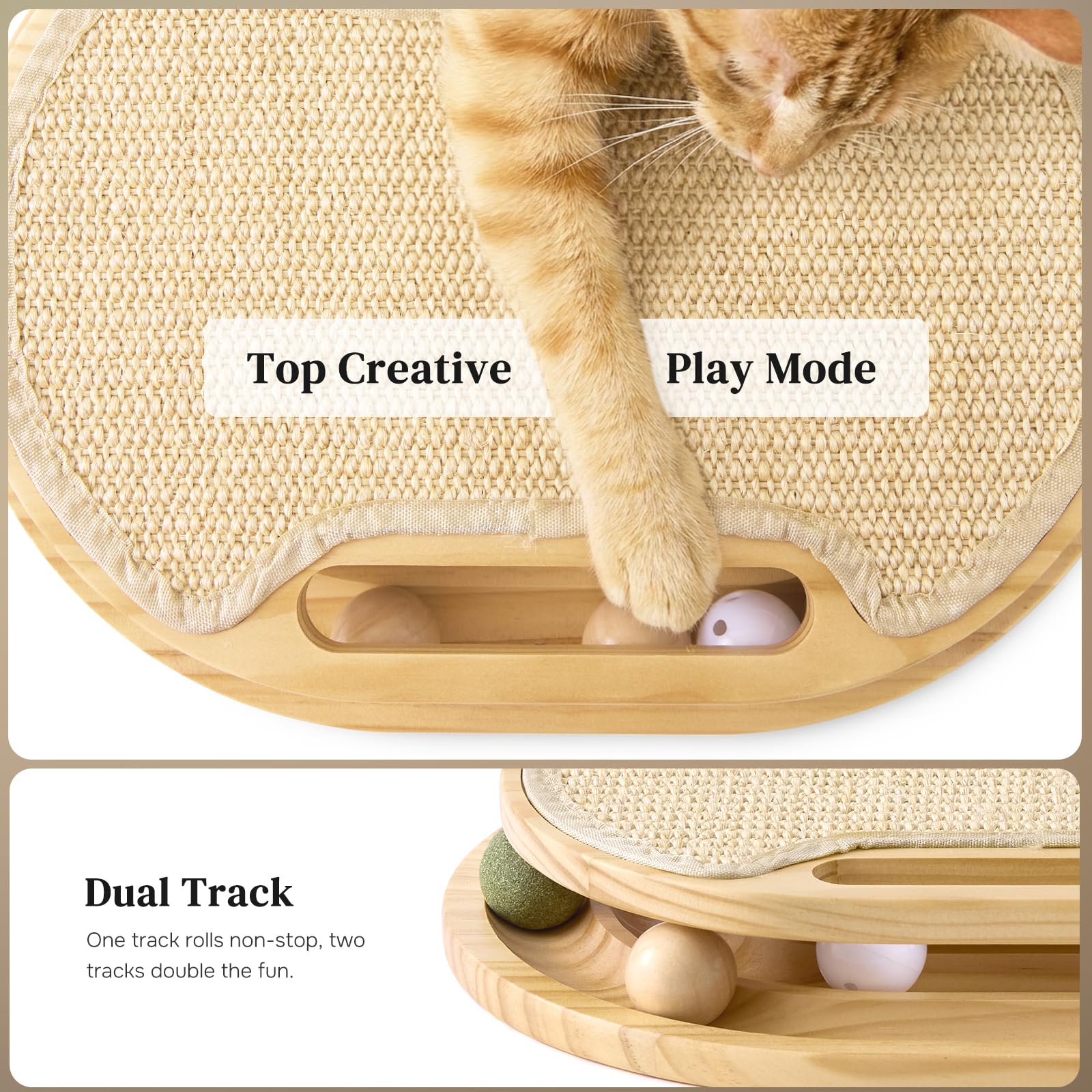 Cat Scratcher With Ball Track Toy, Sisal Scratch Pad For Indoor Use  Wooden Interactive Cat Puzzle Toys For Adult Cats, Kitten Mental Stimulation Self Play Home Enrichment, Spinning Balls image 3