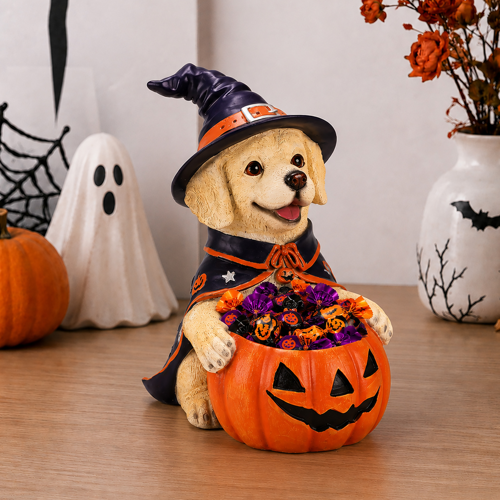 Halloween Labrador Retriever Witch Puppy Figurine, Cute Dog Holding Pumpkin Candy Bowl Decoration image 6
