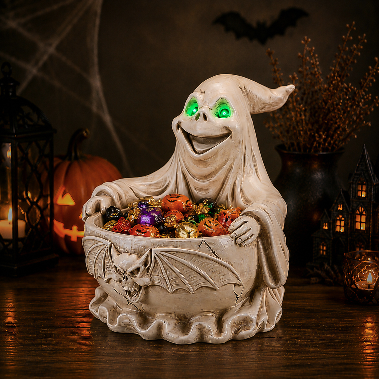 Halloween Ghost Storage Bowl Figurine, Spooky Candy Dish with LED Light for Halloween Party image 3
