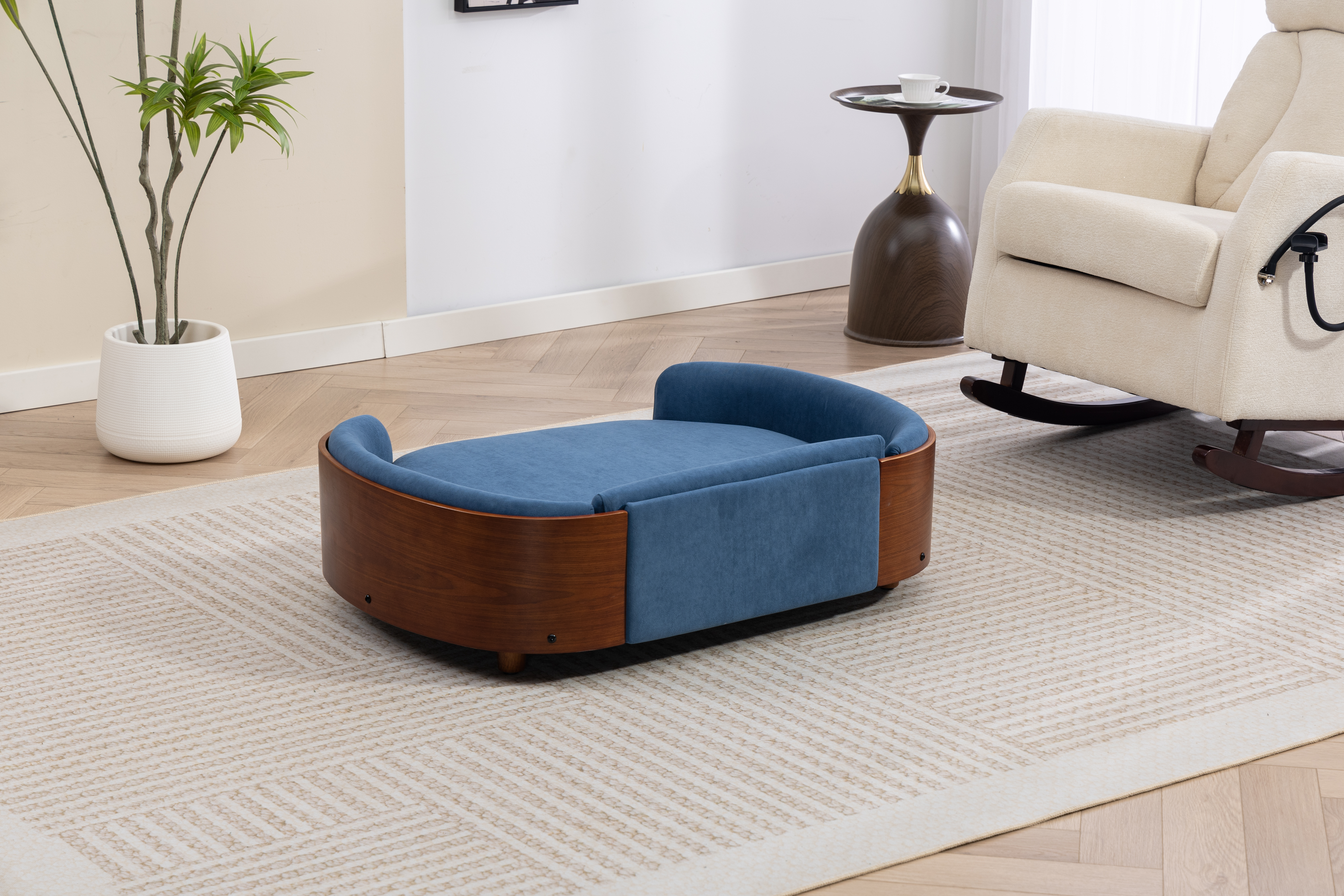 Scandinavian style Elevated Dog Bed Pet Sofa With Solid Wood legs and Walnut Bent Wood Back, Velvet Cushion,Large Size image 7