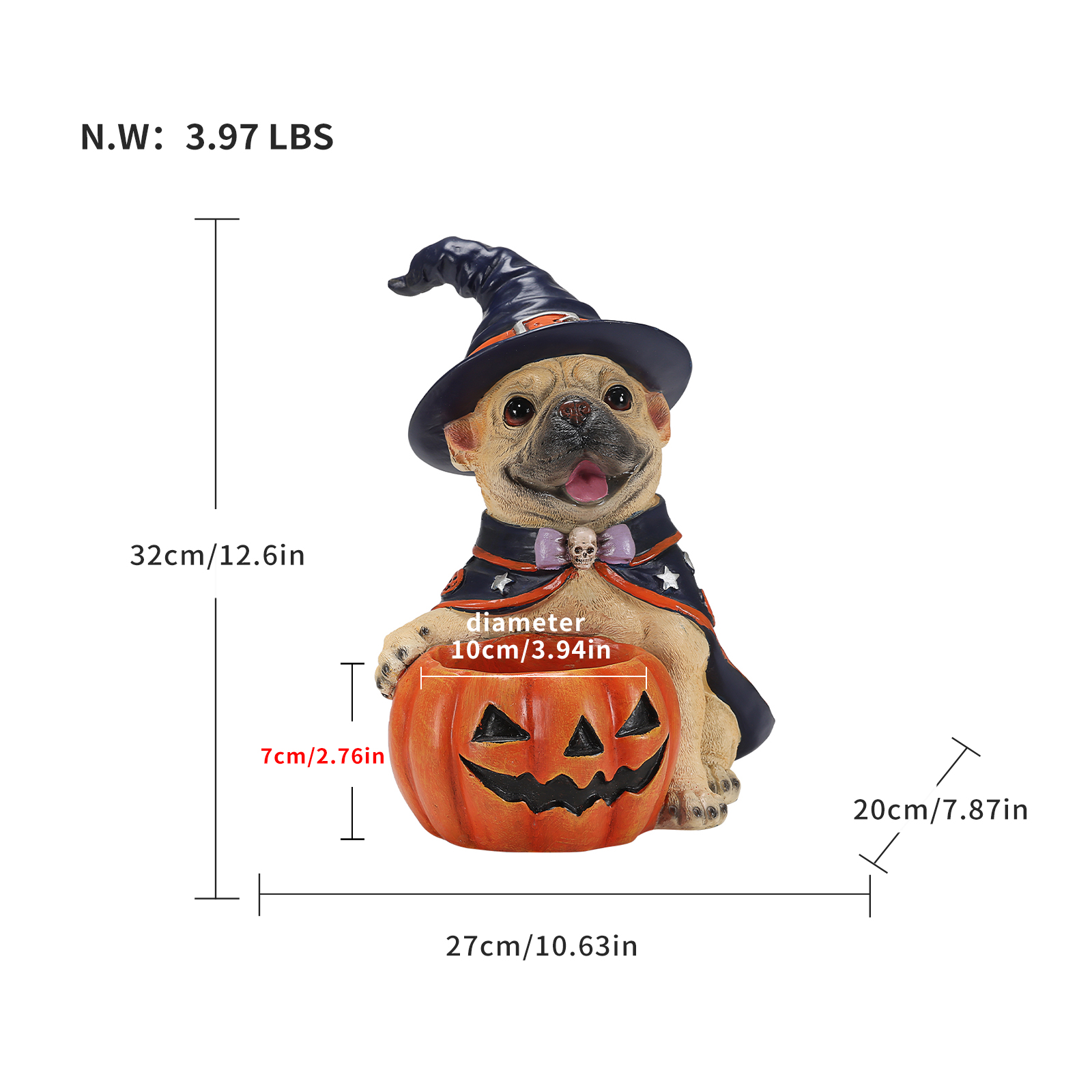 Halloween Frenchie Witch Puppy Figurine, Cute Dog Holding Pumpkin Candy Bowl Decoration image 3