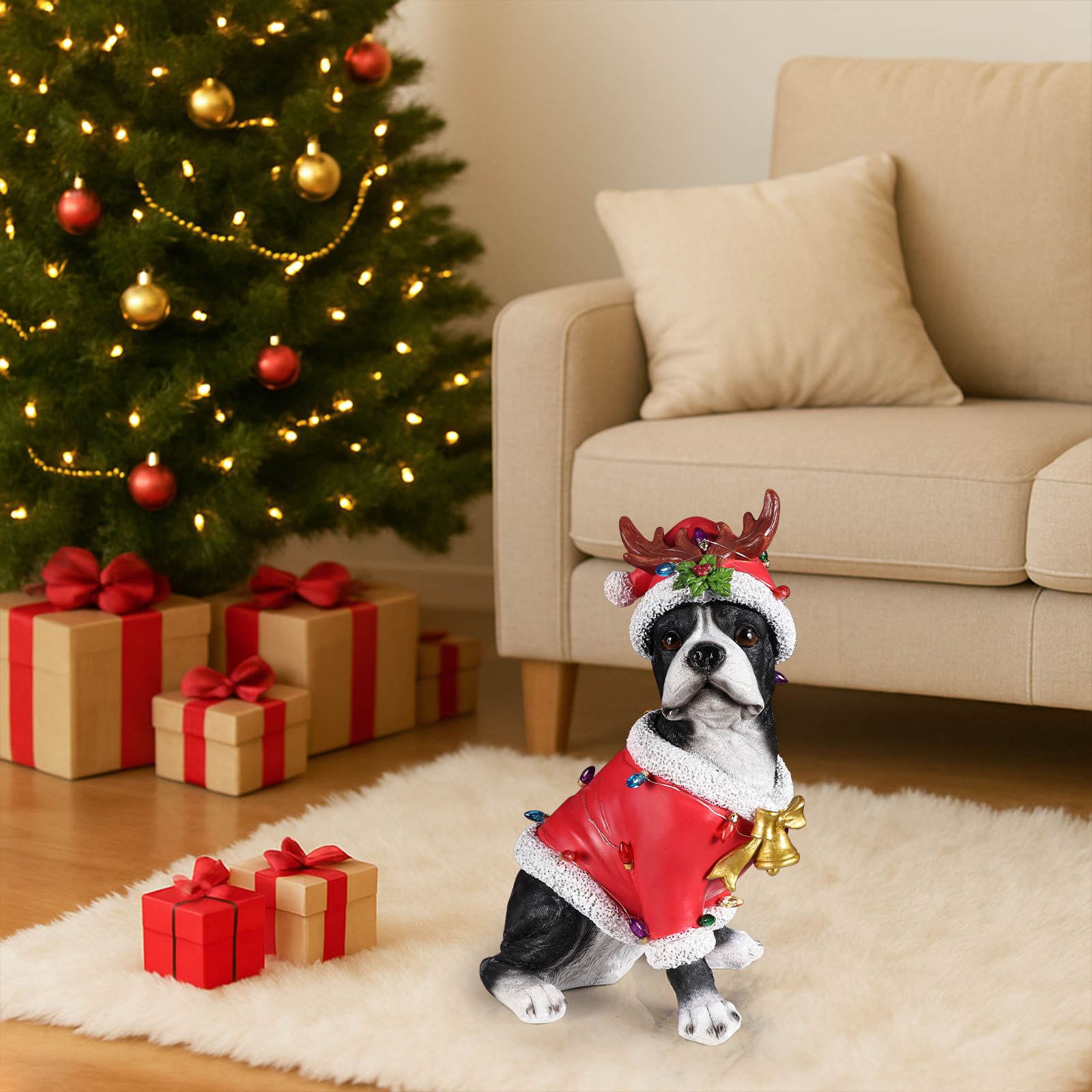 Christmas Boston Terrier Statue, Holiday Dog Figurine in Santa Outfit image 2
