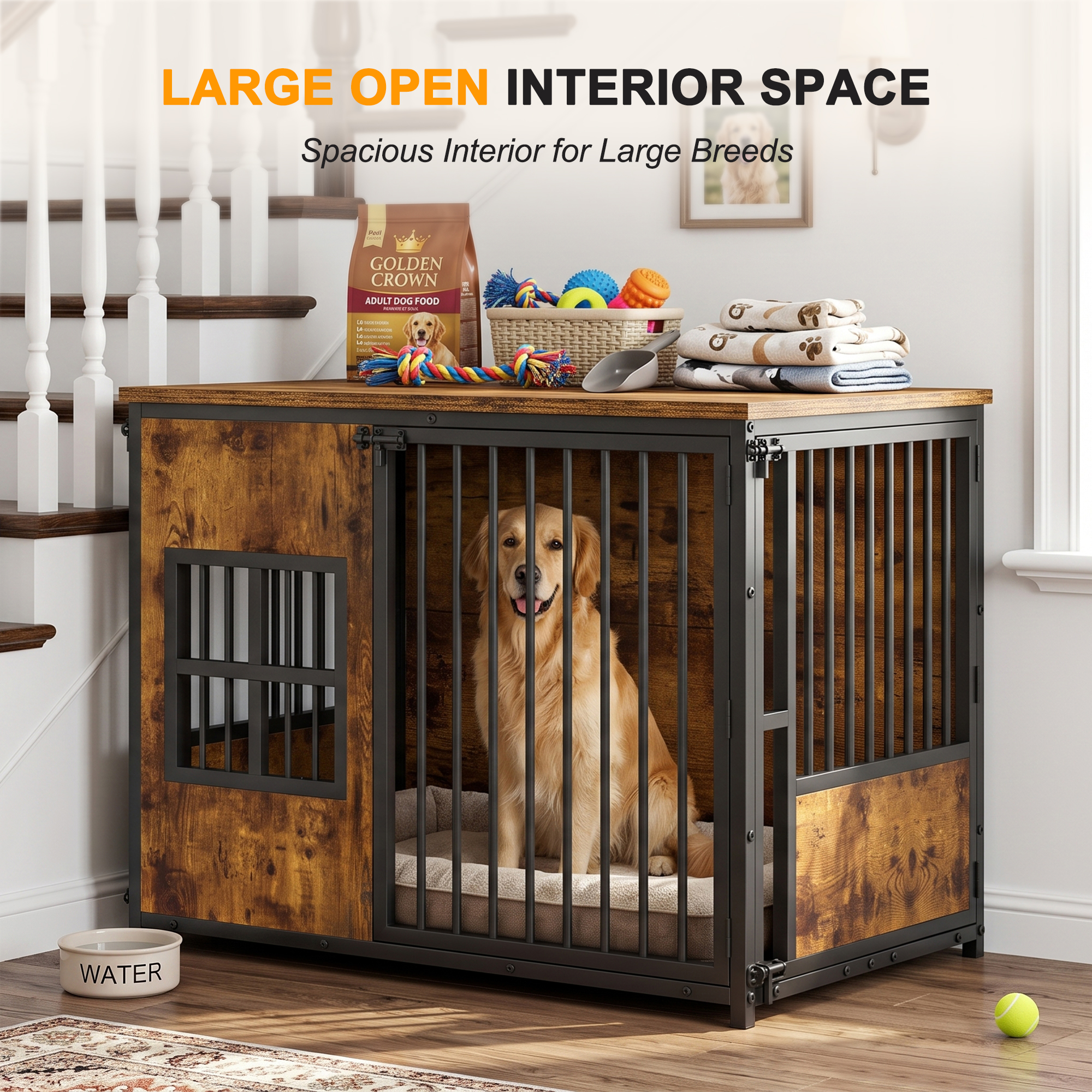 Wooden Dog Crate Furniture, Large Dog Kennel with Storage Top, Indoor Pet Cage image 10