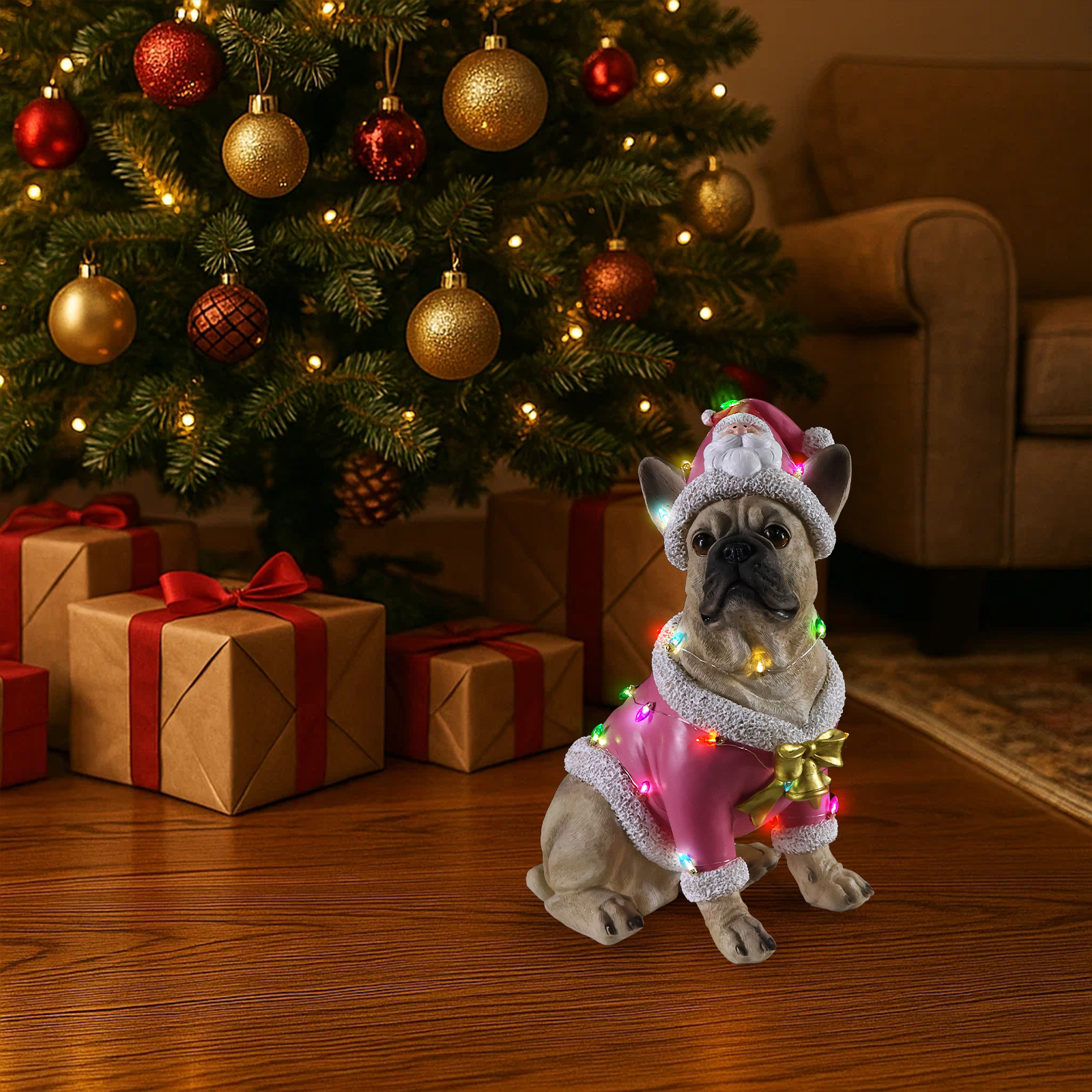 Christmas French Bulldog Statue,  Holiday Dog Figurine in Pink Santa Outfit, Festive Christmas Home Décor image 3