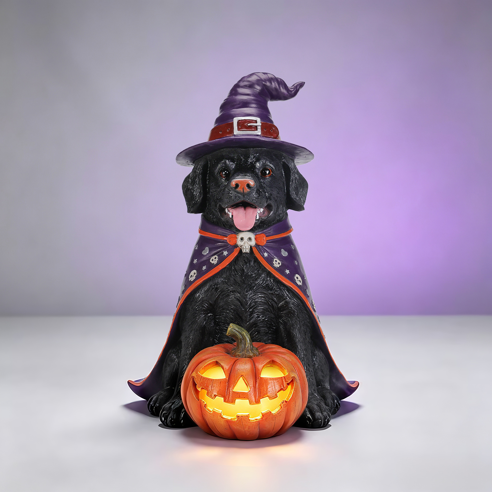 Halloween Black Labrador Retriever Dog Statue, Large Sitting Dog Figurine with Witch Hat & Cape, LED Light Up Jack-O-Lantern Pumpkin image 6