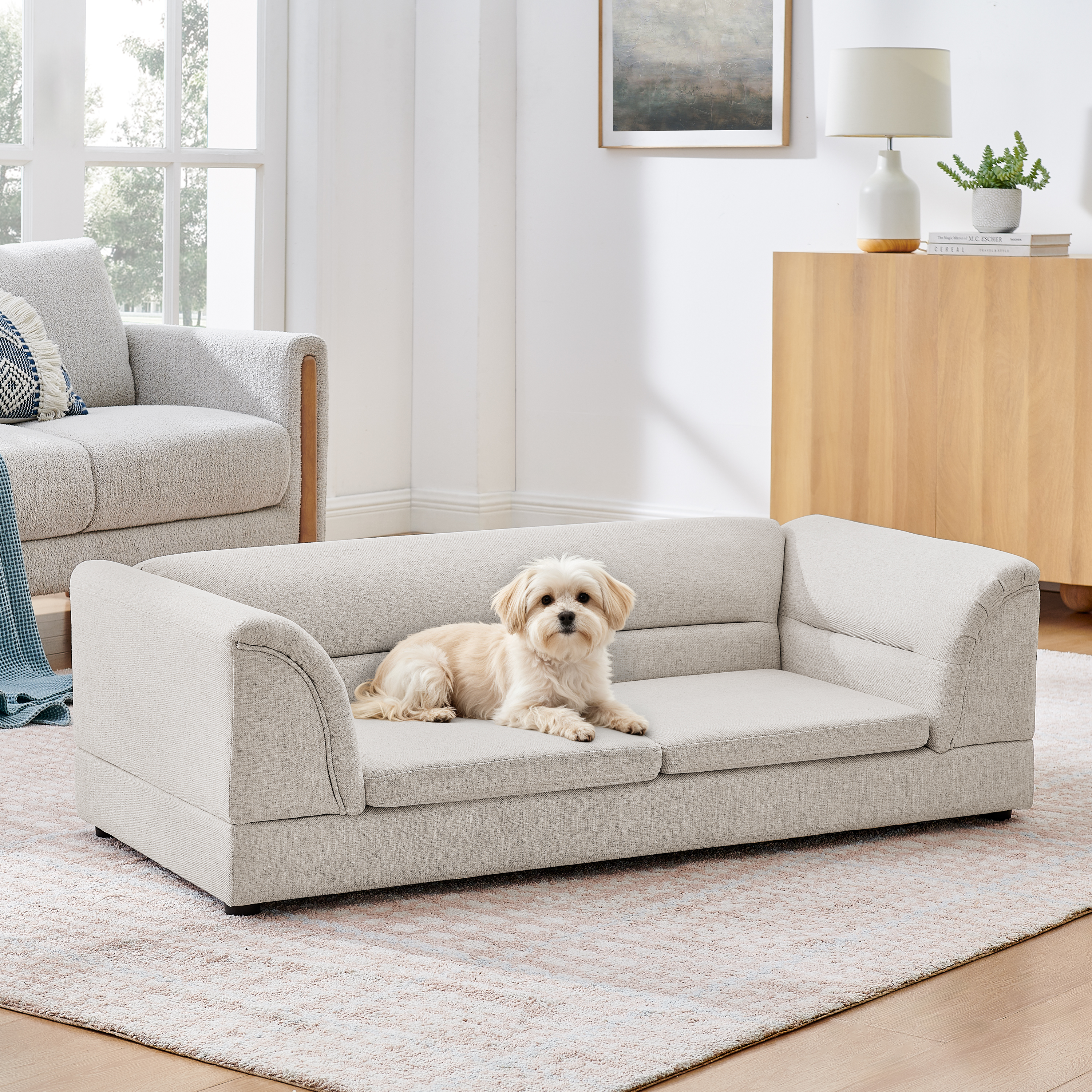 Oversized Pet Sofa, Curved Armrest Rectangular Dog Sofa, Linen Fabric Comfort Pet Couch for Large & Oversized Dogs-Beige image 6