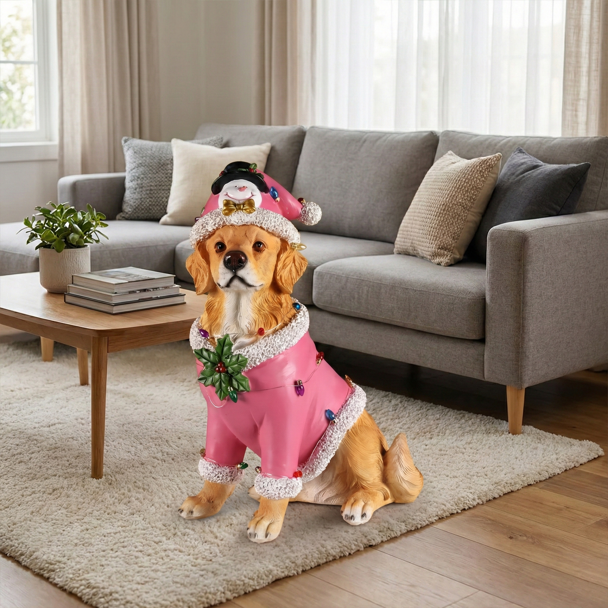Christmas Golden Retriever Statue, Holiday Dog Figurine in Pink Santa Outfit image 16