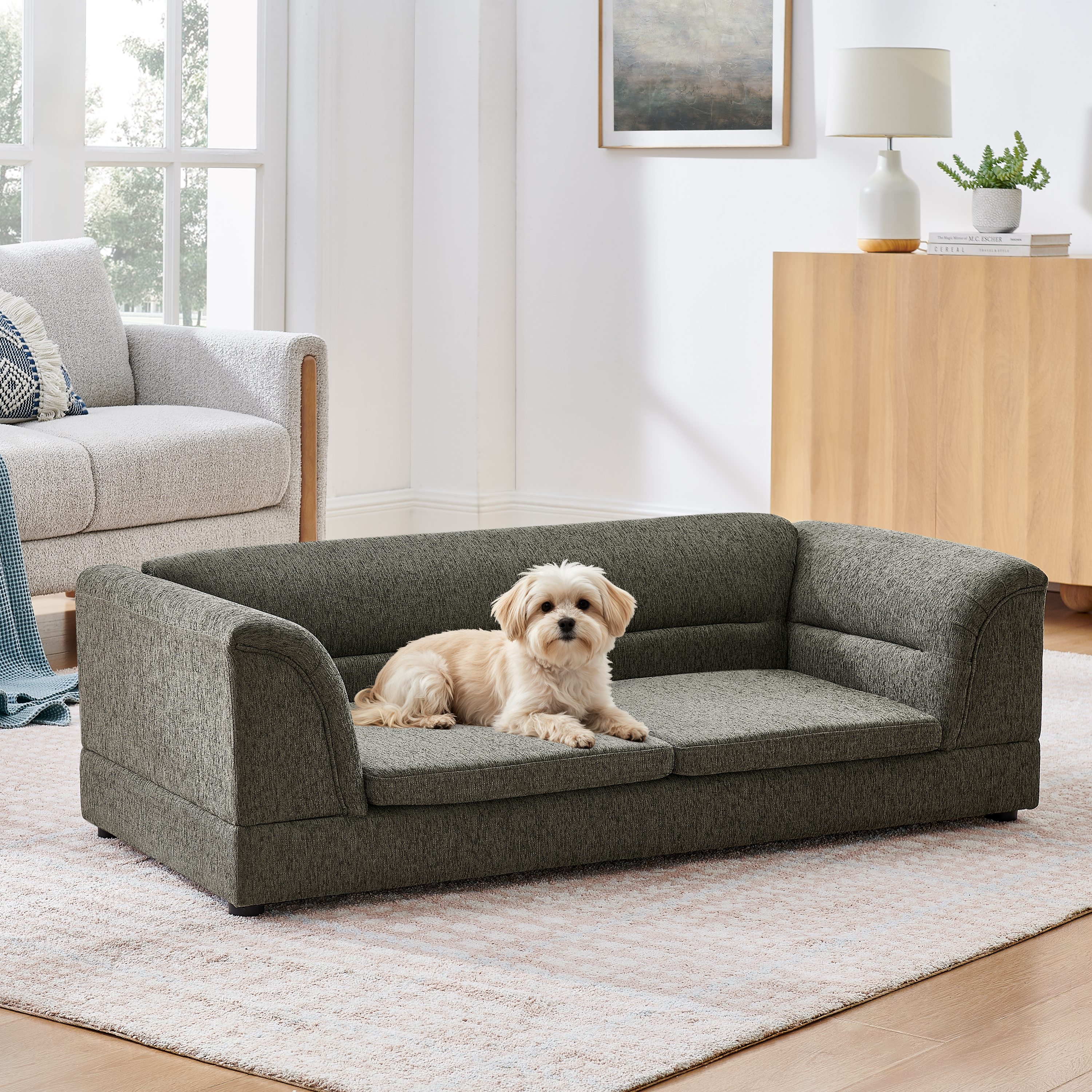 Oversized Pet Sofa, Curved Armrest Rectangular Dog Sofa, Linen Fabric Comfort Pet Couch for Large & Oversized Dogs-Dark Gray image 11