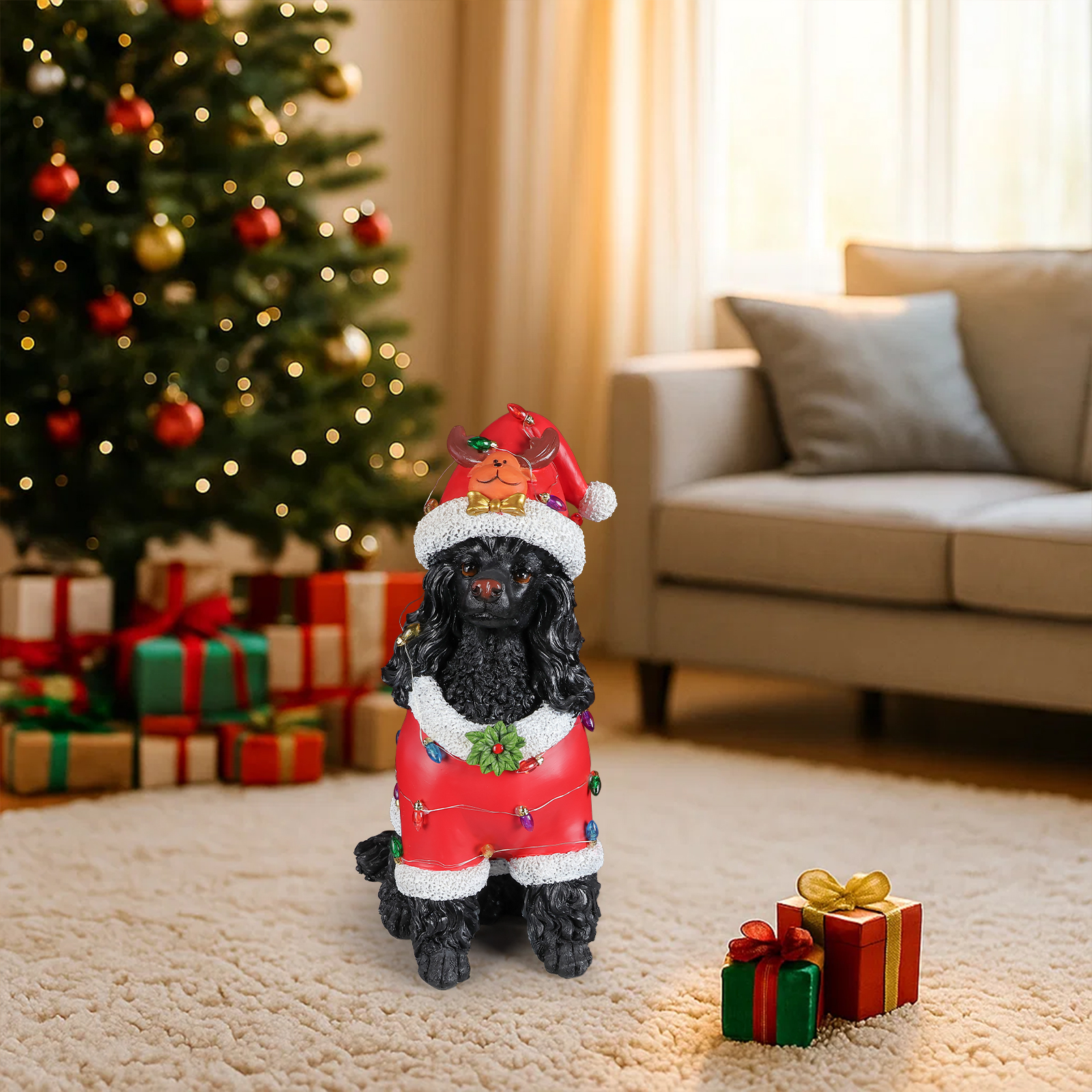 Christmas Black Poodle Statue, Holiday Dog Figurine in Red Santa Outfit image 14