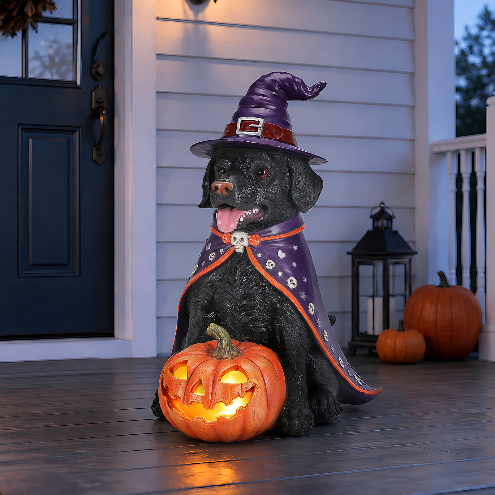 Halloween Black Labrador Retriever Dog Statue, Large Sitting Dog Figurine with Witch Hat & Cape, LED Light Up Jack-O-Lantern Pumpkin image 14