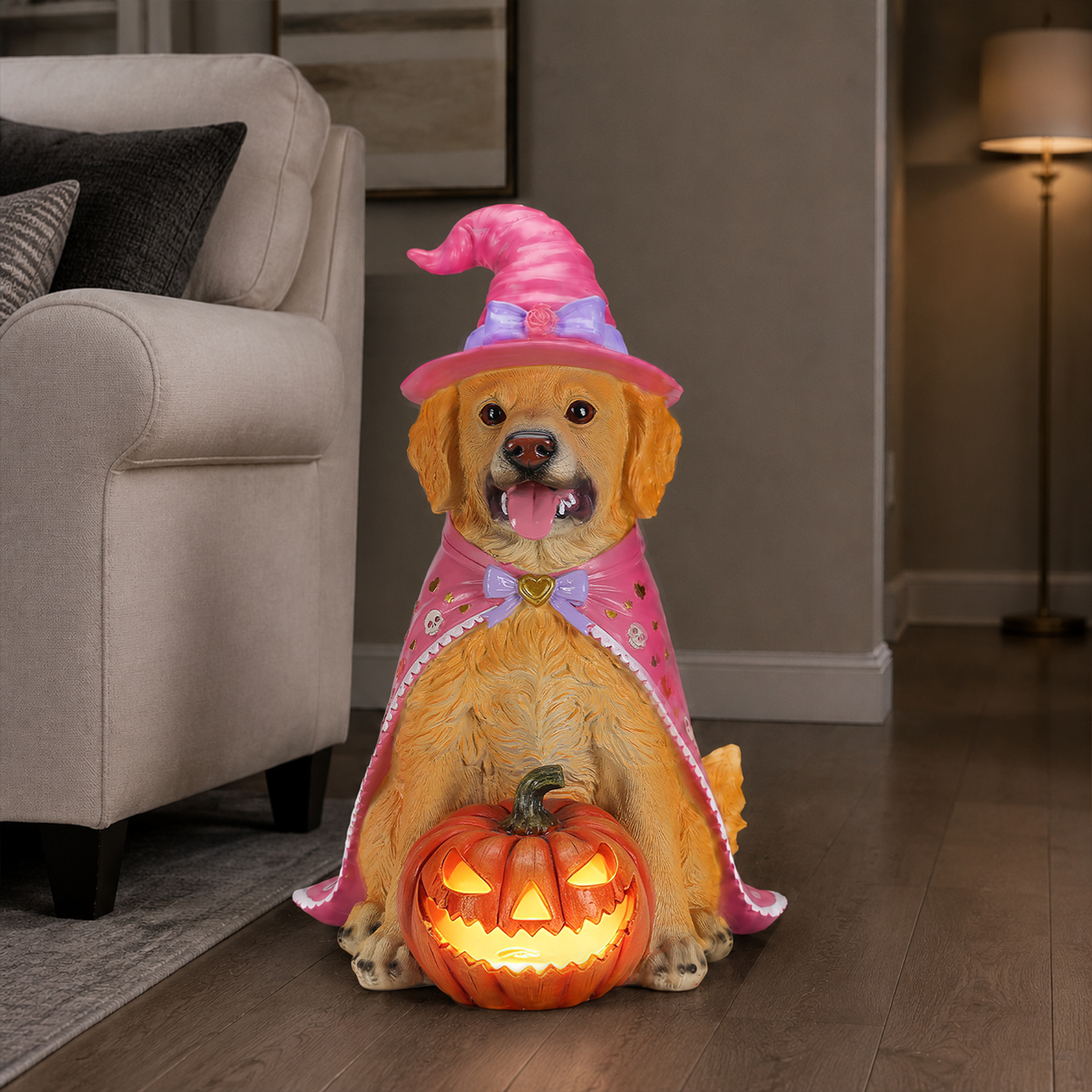 Halloween Golden Retriever Dog Statue, Large Sitting Dog Figurine with Pink Witch Hat & Cape, LED Light Up Jack-O-Lantern Pumpkin