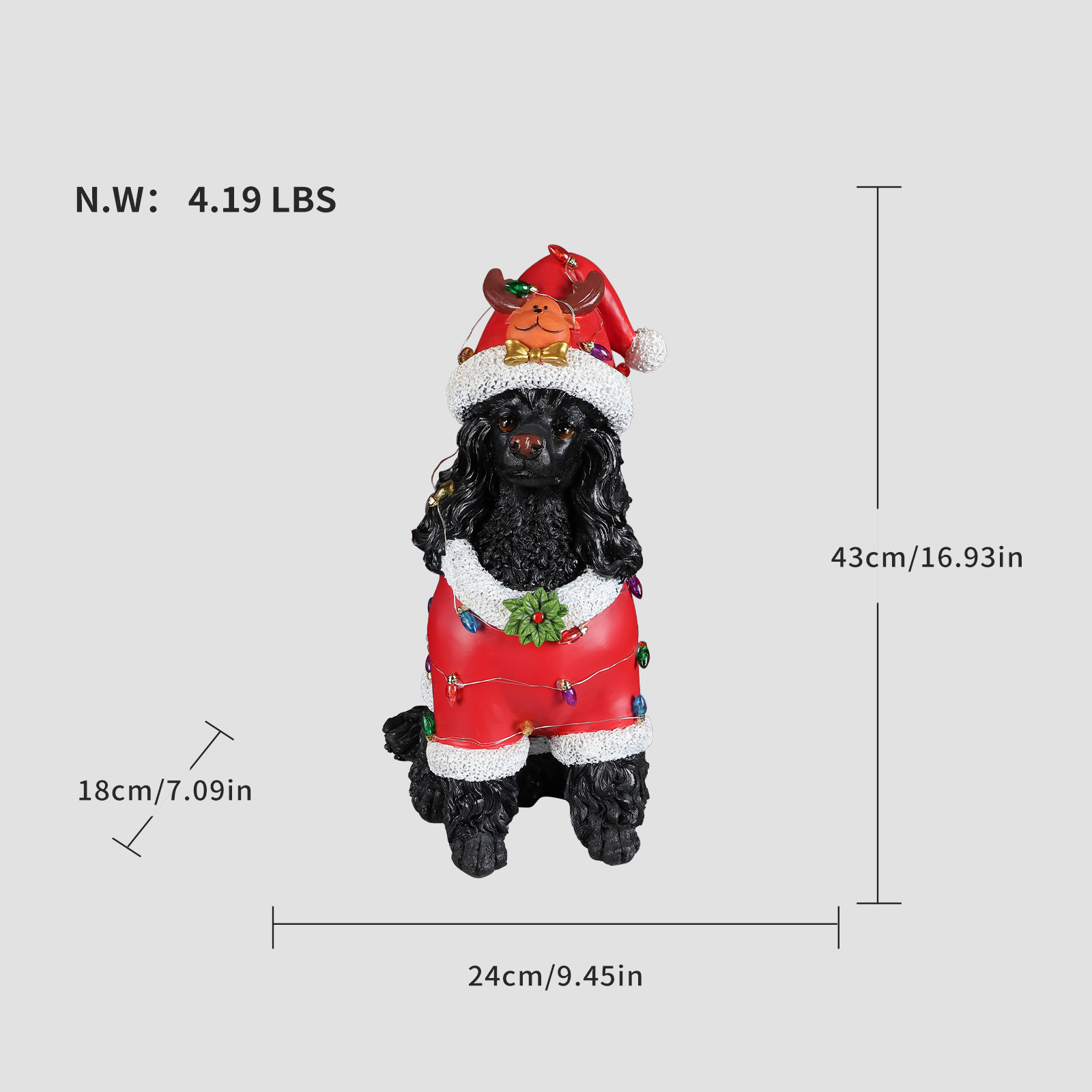 Christmas Black Poodle Statue, Holiday Dog Figurine in Red Santa Outfit image 12