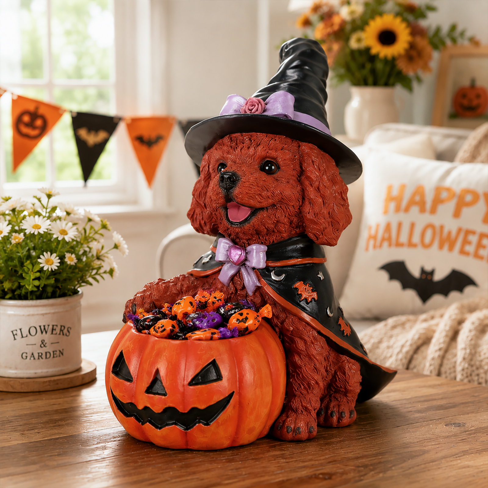 Halloween Puppy Witch Figurine With Pumpkin Bowl image 4
