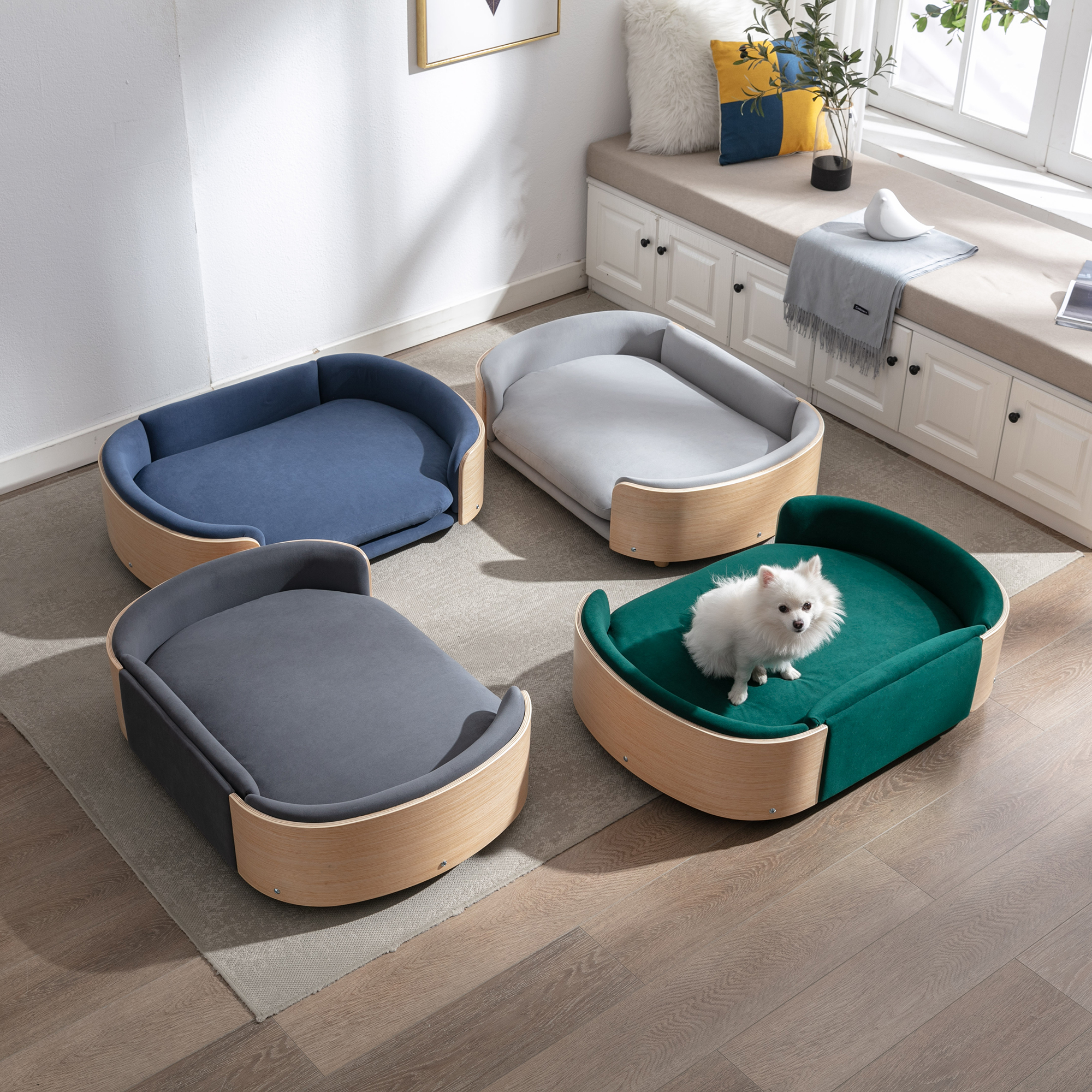 Scandinavian style Elevated Dog Bed Pet Sofa With Solid Wood legs and Bent Wood Back, Velvet Cushion,Large Size image 20