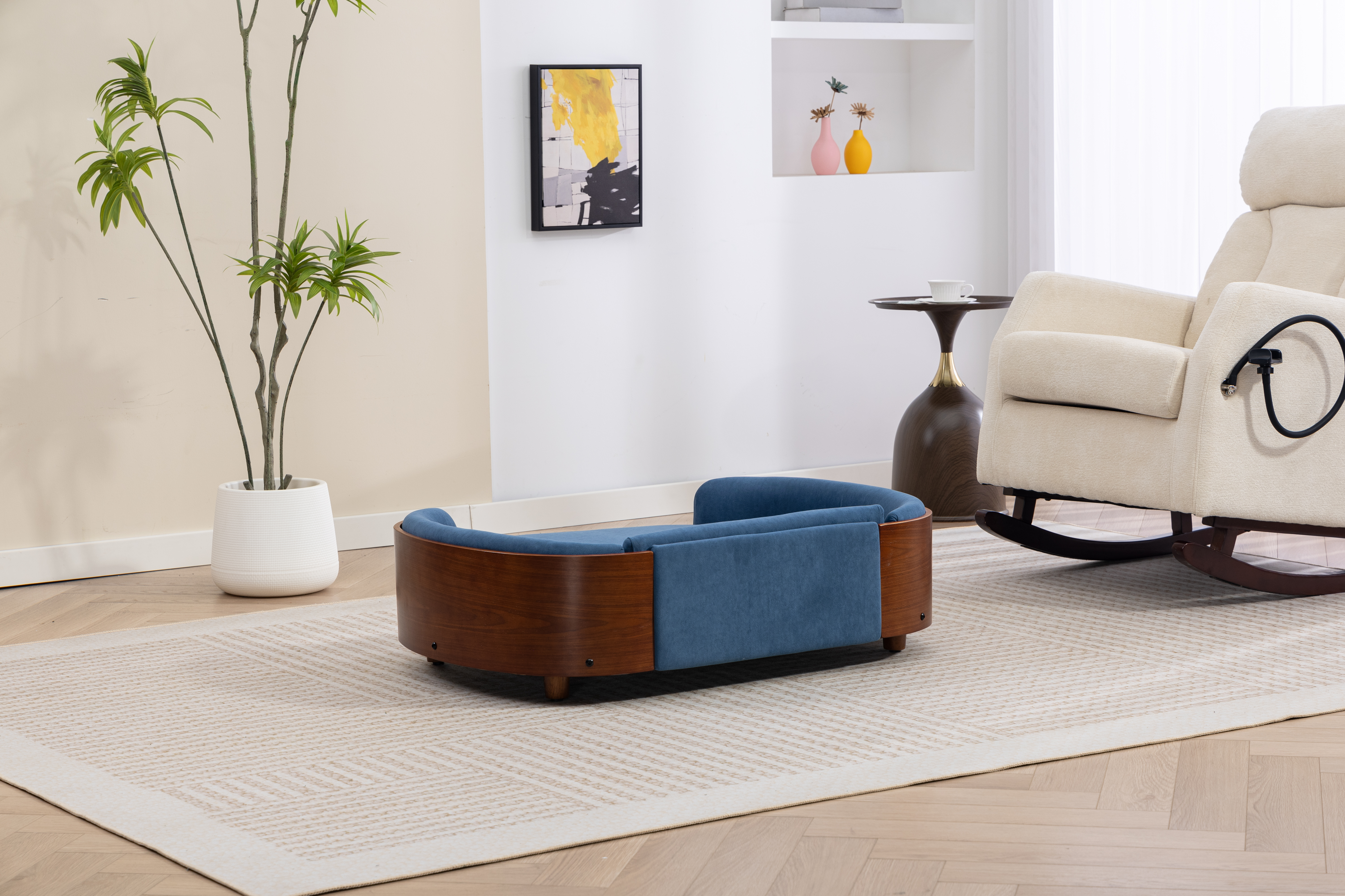 Scandinavian style Elevated Dog Bed Pet Sofa With Solid Wood legs and Walnut Bent Wood Back, Velvet Cushion,Large Size