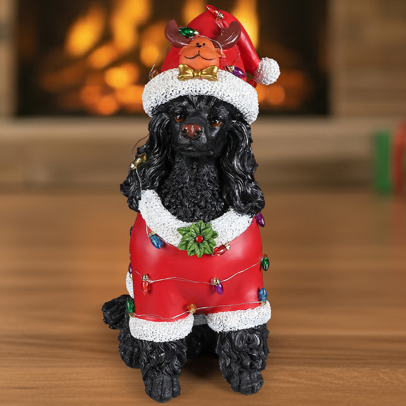 Christmas Black Poodle Statue, Holiday Dog Figurine in Red Santa Outfit image 13