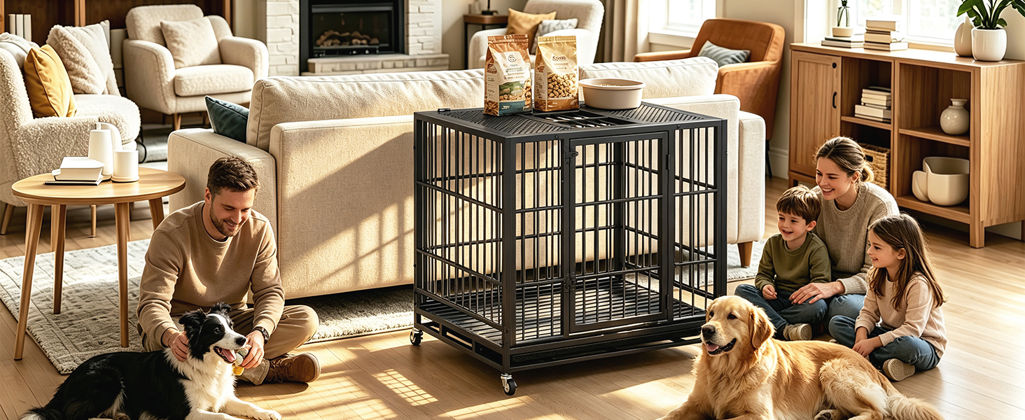 Heavy Duty Dog Crate , Mobile Pet Kennel with Lockable Wheels & Rotary Twist-Latch, Indoor Outdoor Metal Cage with Perforated Top image 15