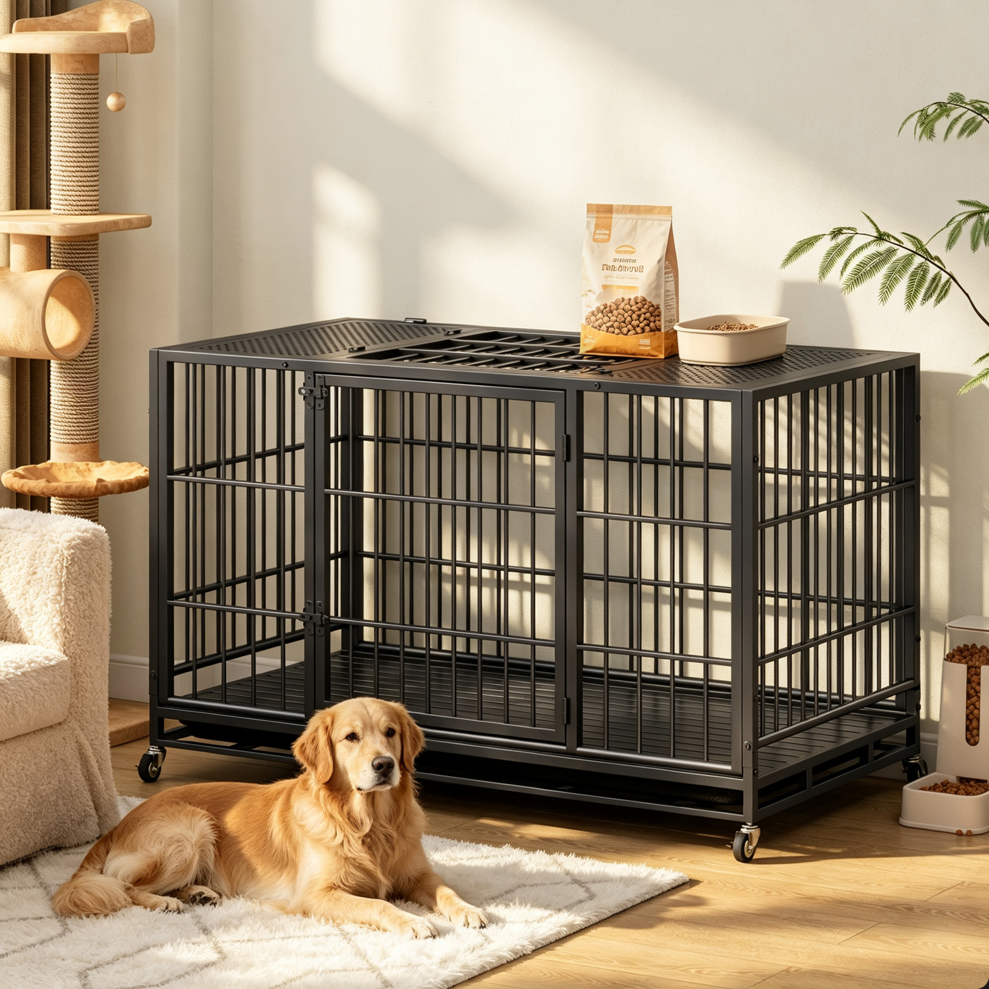 Heavy Duty Dog Crate , Mobile Pet Kennel with Lockable Wheels & Rotary Twist-Latch, Indoor Outdoor Metal Cage with Perforated Top image 12