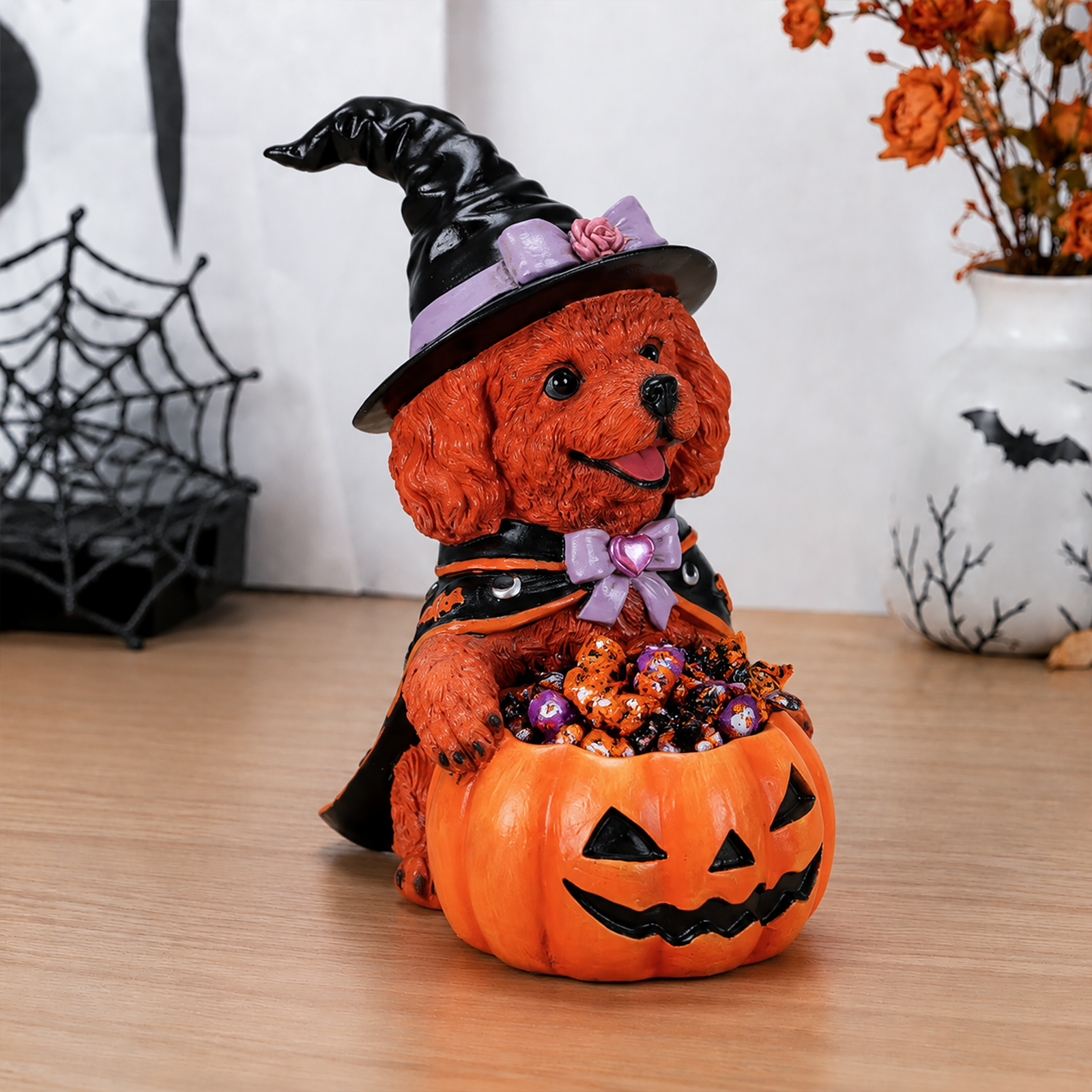 Halloween Puppy Witch Figurine With Pumpkin Bowl image 11