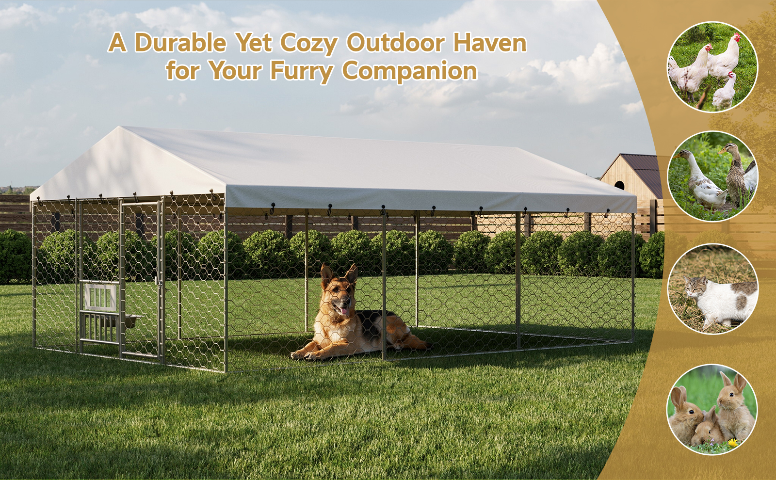15x10 FT Large Outdoor Dog Kennel with Canopy, Heavy Duty Galvanized Steel Frame, Waterproof Cover, Built-in Elevated Feeding Bowls, Escape-Proof Lockable Pet Playpen for Large Dogs & Multiple Animal image 13