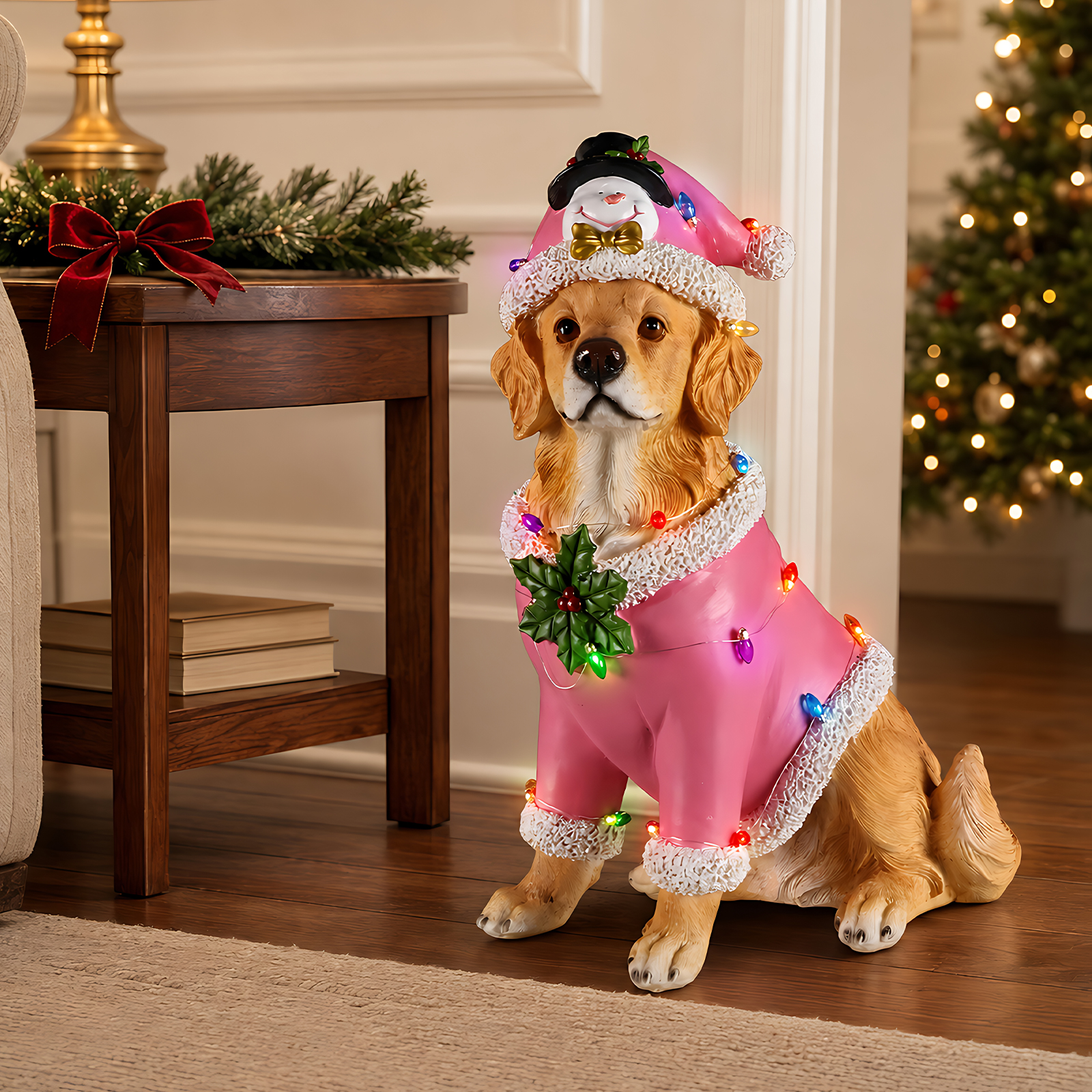 Christmas Golden Retriever Statue, Holiday Dog Figurine in Pink Santa Outfit image 14