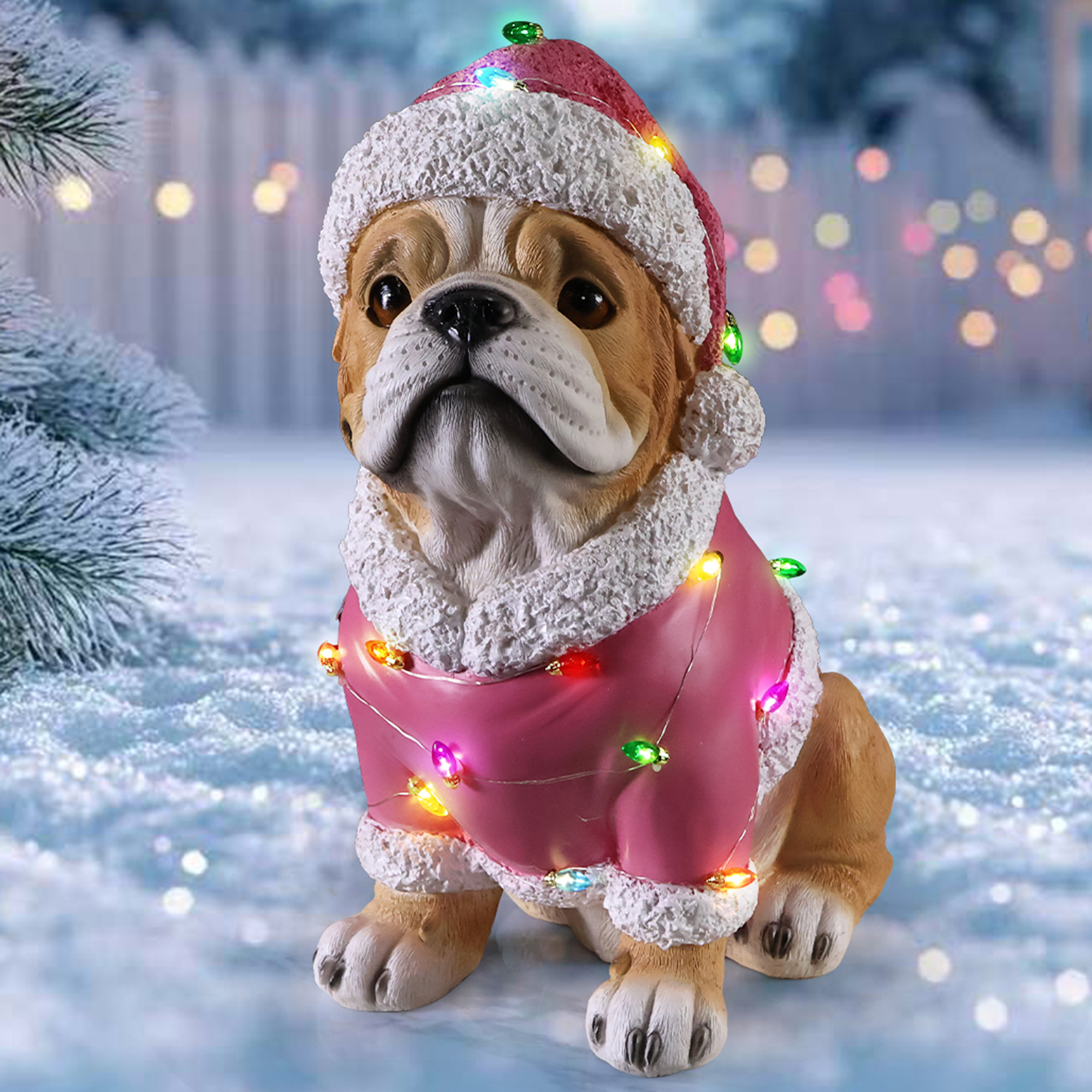 Christmas Pug Statue, Holiday Dog Figurine in Pink Santa Outfit image 2
