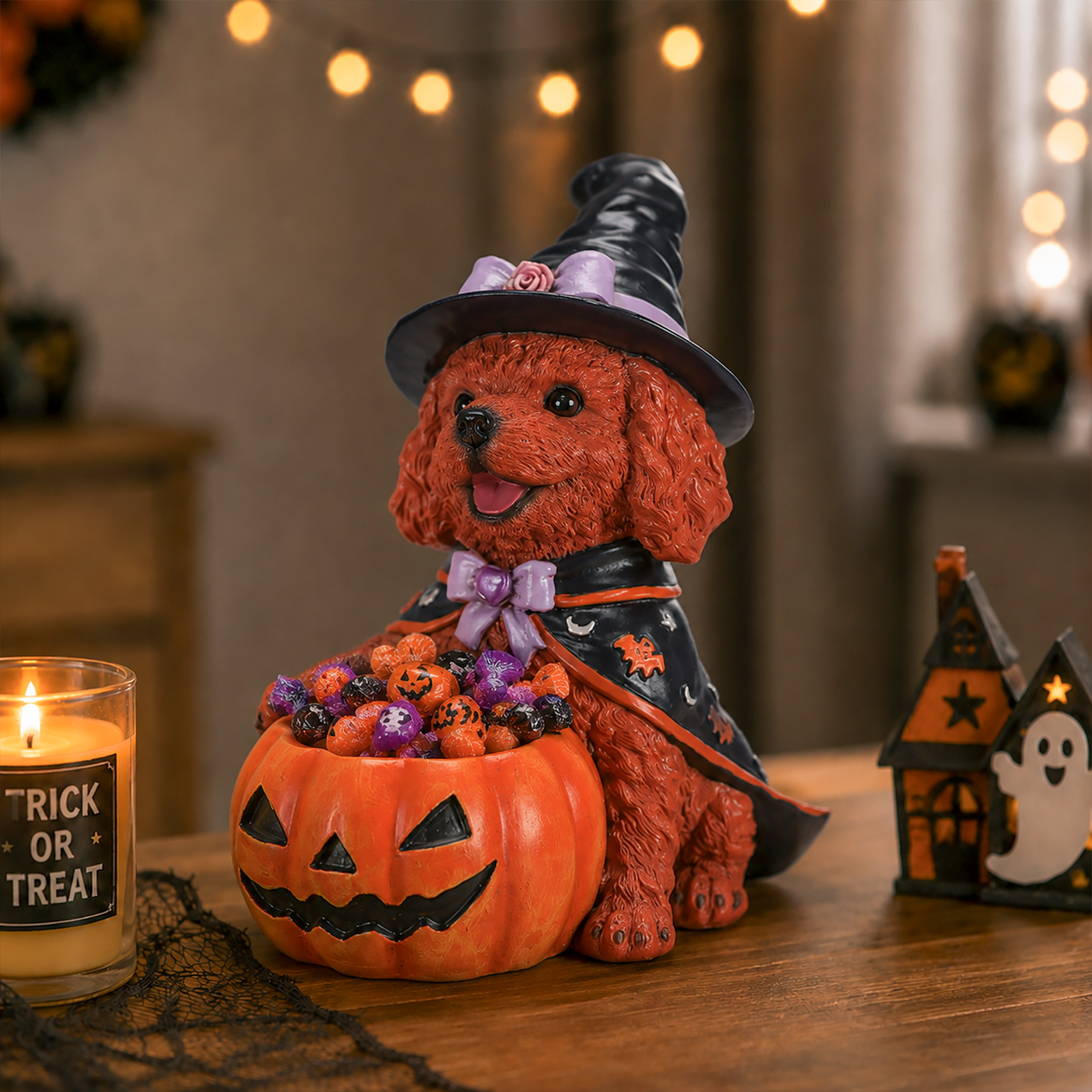 Halloween Puppy Witch Figurine With Pumpkin Bowl image 2