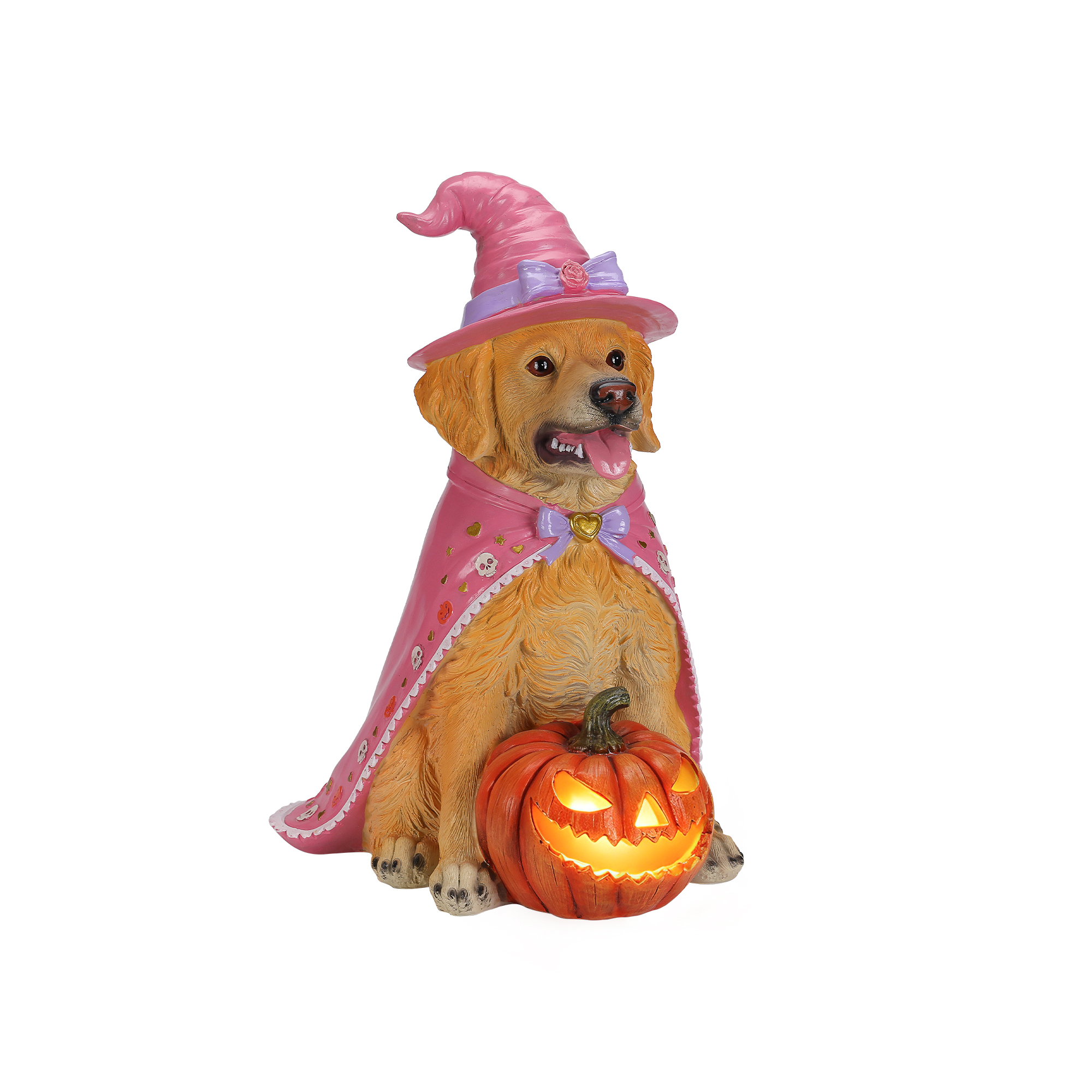 Halloween Golden Retriever Dog Statue, Large Sitting Dog Figurine with Pink Witch Hat & Cape, LED Light Up Jack-O-Lantern Pumpkin image 14
